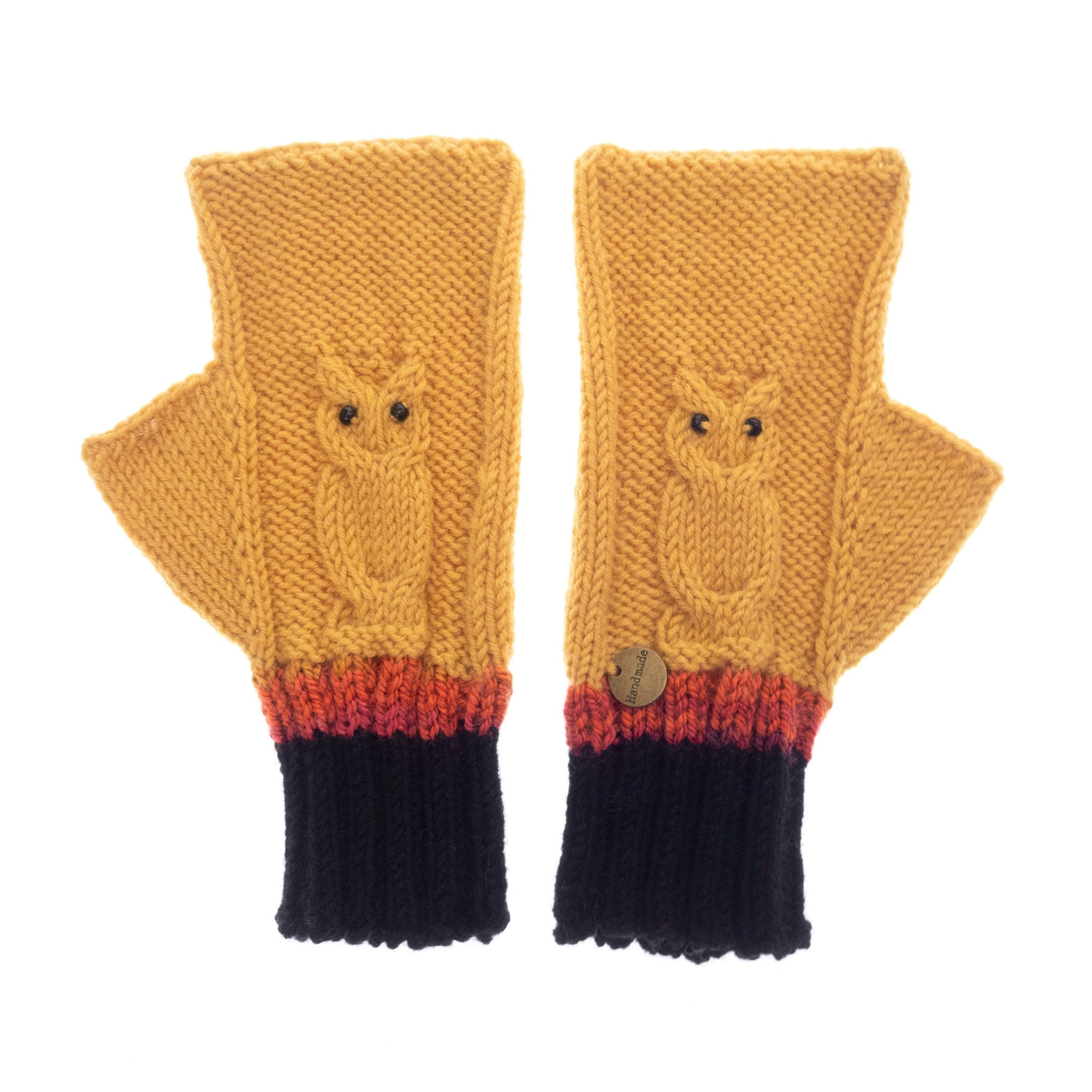 yellow fingerless gloves with owls