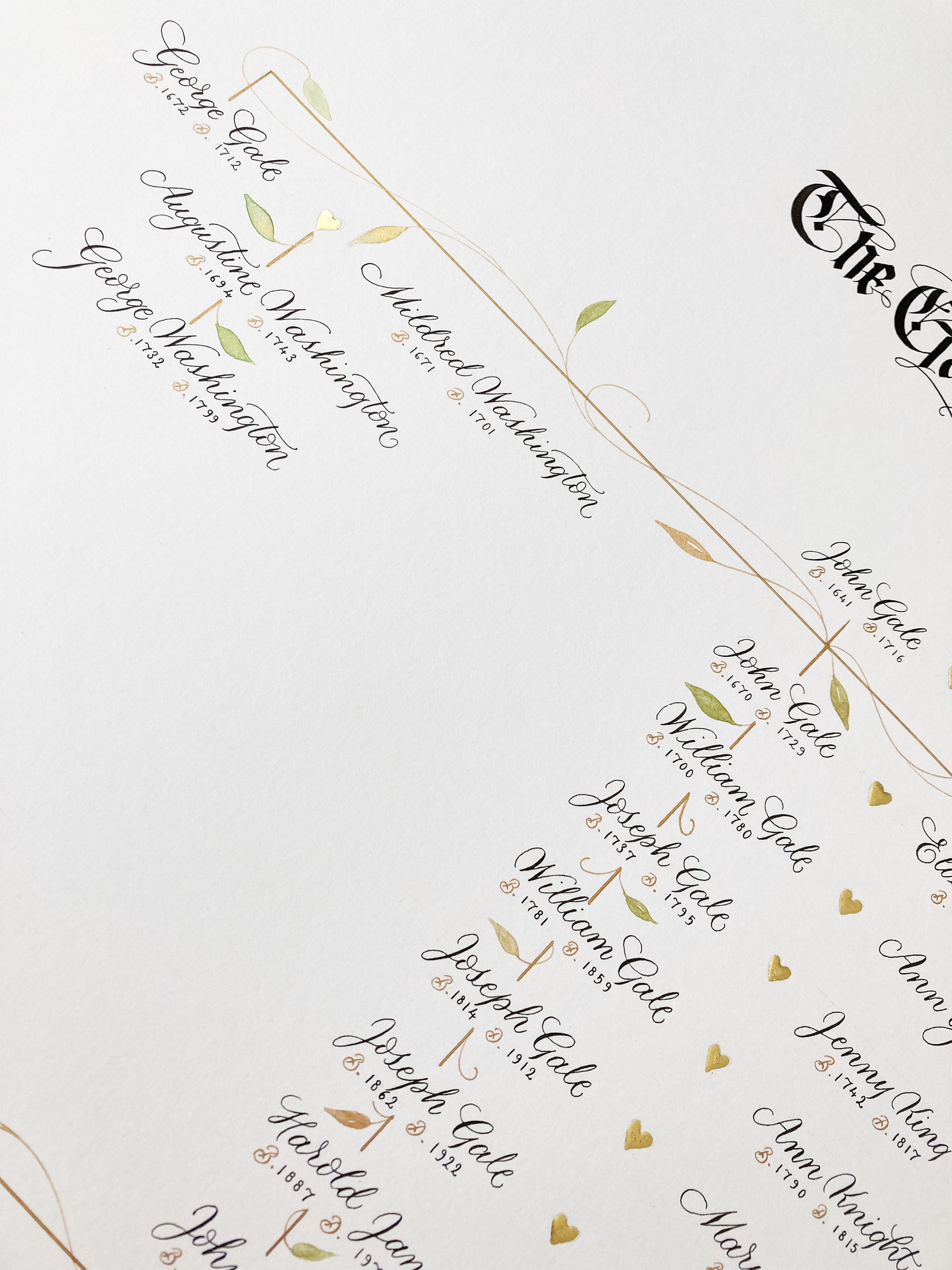 Detail of a family tree by a UK calligrapher (written in 2022)