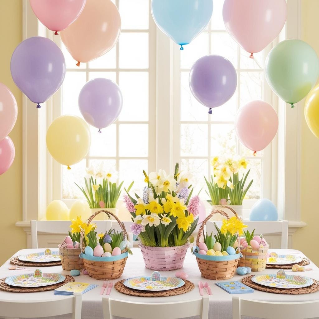 Easter party setup with pastel balloons, printed games on a table, Easter treats, and spring florals — styled in a bright, cozy room.