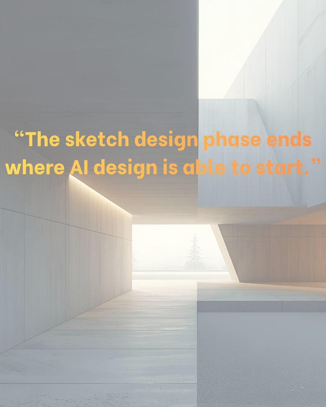 Minimalist architectural space with warm and cold light contrast, illustrating the transition between human sketch design and AI-generated design.