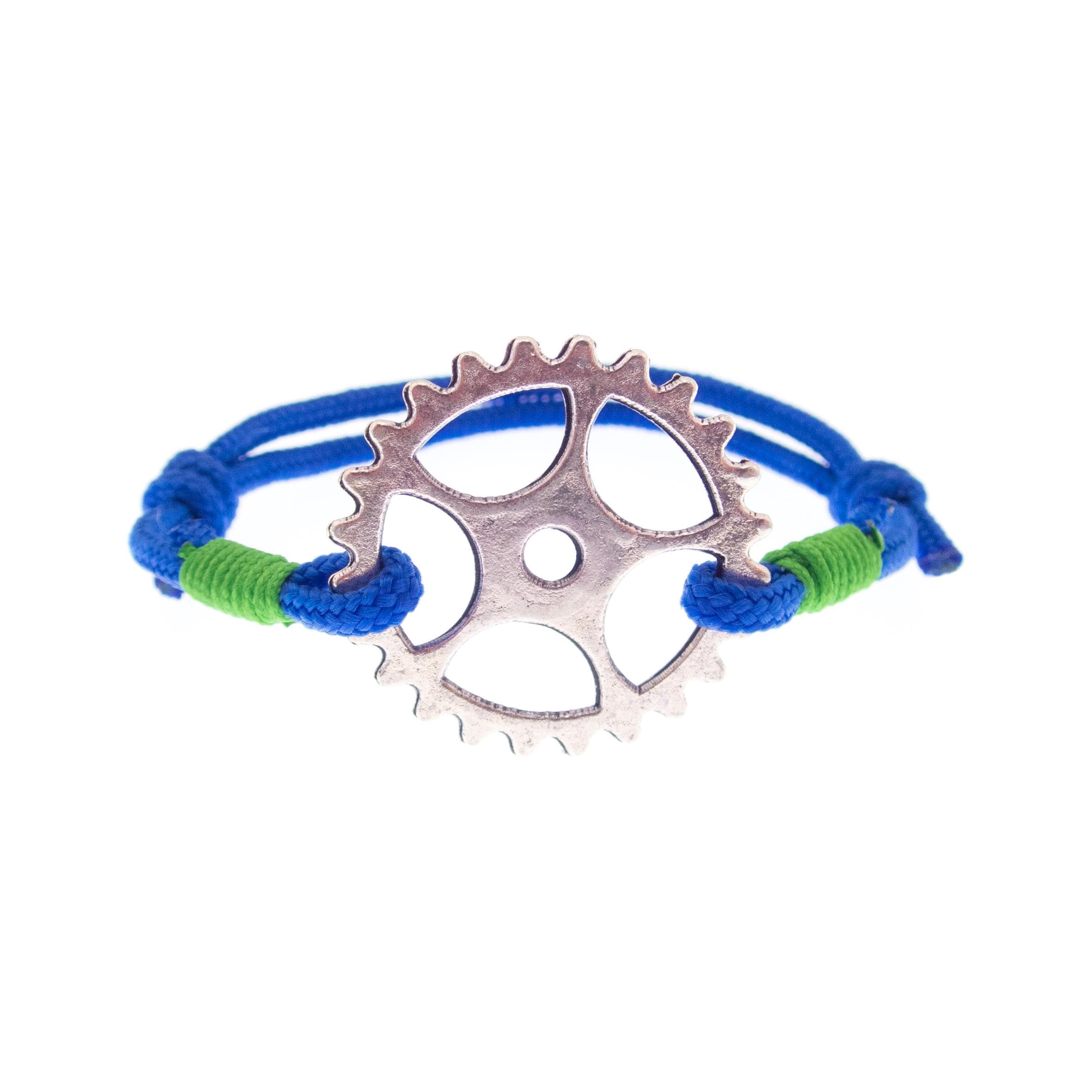 Blue adjustable rope bracelet with metal chain ring, handmade unisex cord jewelry inspired by mountain biking, cycling and motorcycle adventures by Nadamlada.