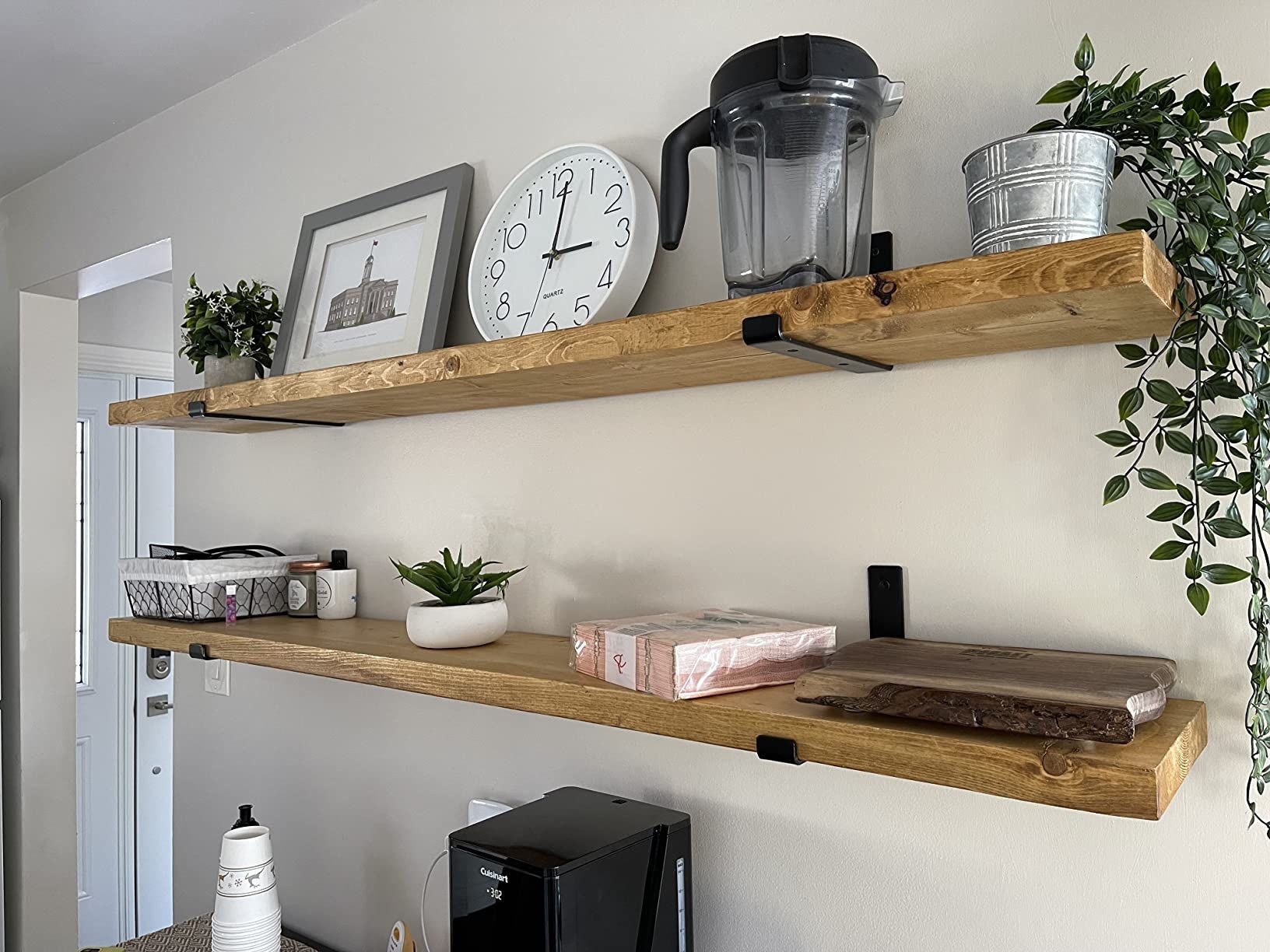 rustic style, solid wood shelves with steel brackets
