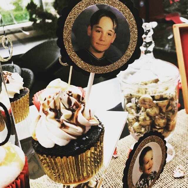 black and glitter gold cupcake toppers with picture of a boy in cupcakes