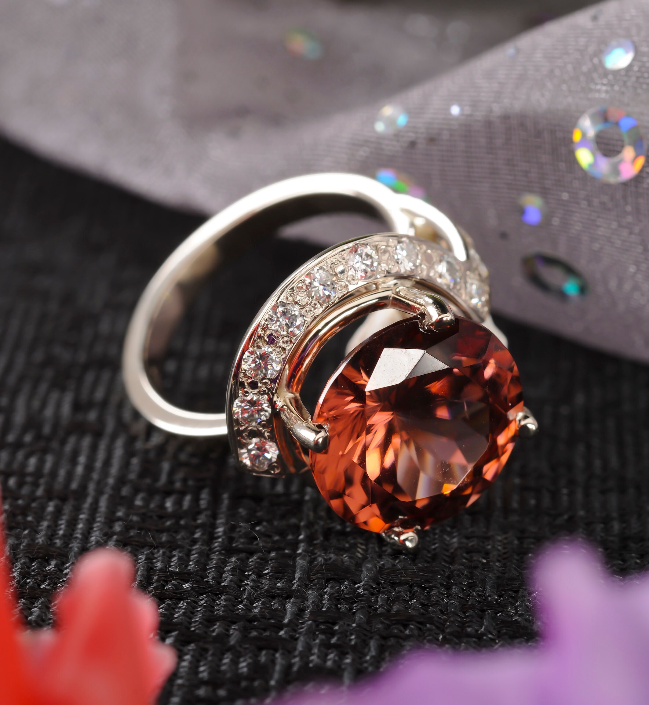 large natural zircon gemstone and diamond cocktail ring