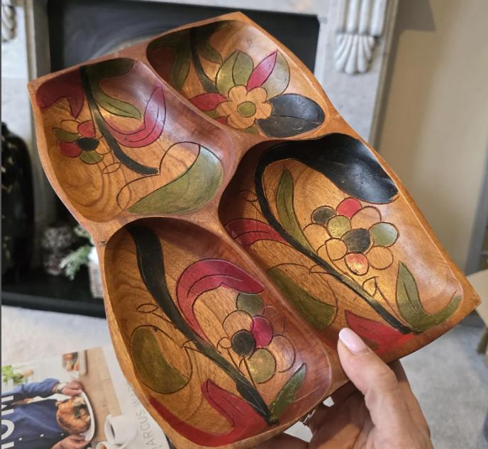 Vintage Hand-Carved Wood Serving Tray | Floral Boho Platter