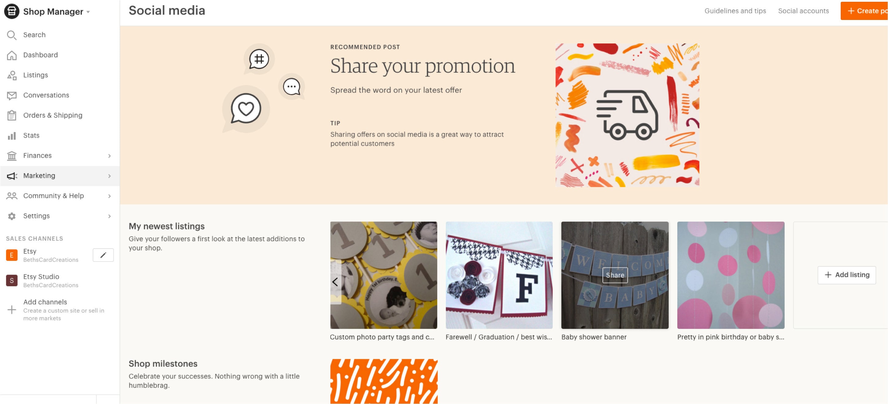 Marketing Social Media menu on Etsy