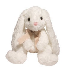 white stuffed bunny with floppy ears and tan ribbon