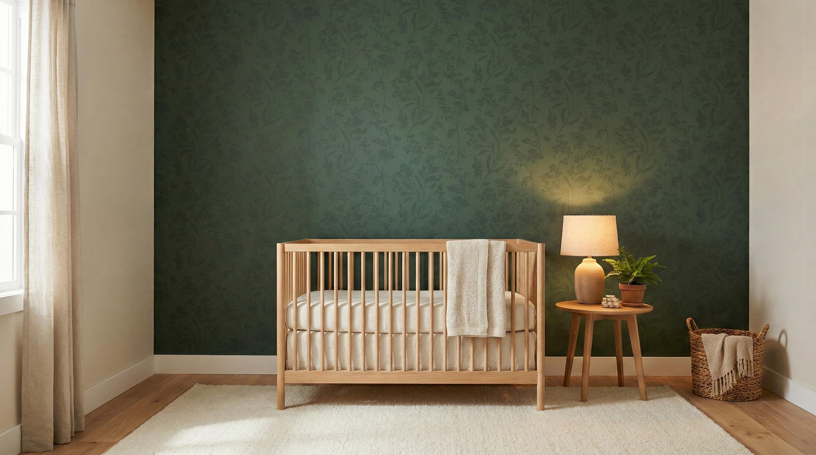 nursery wallpaper accent wall ideas with deep forest green modern design