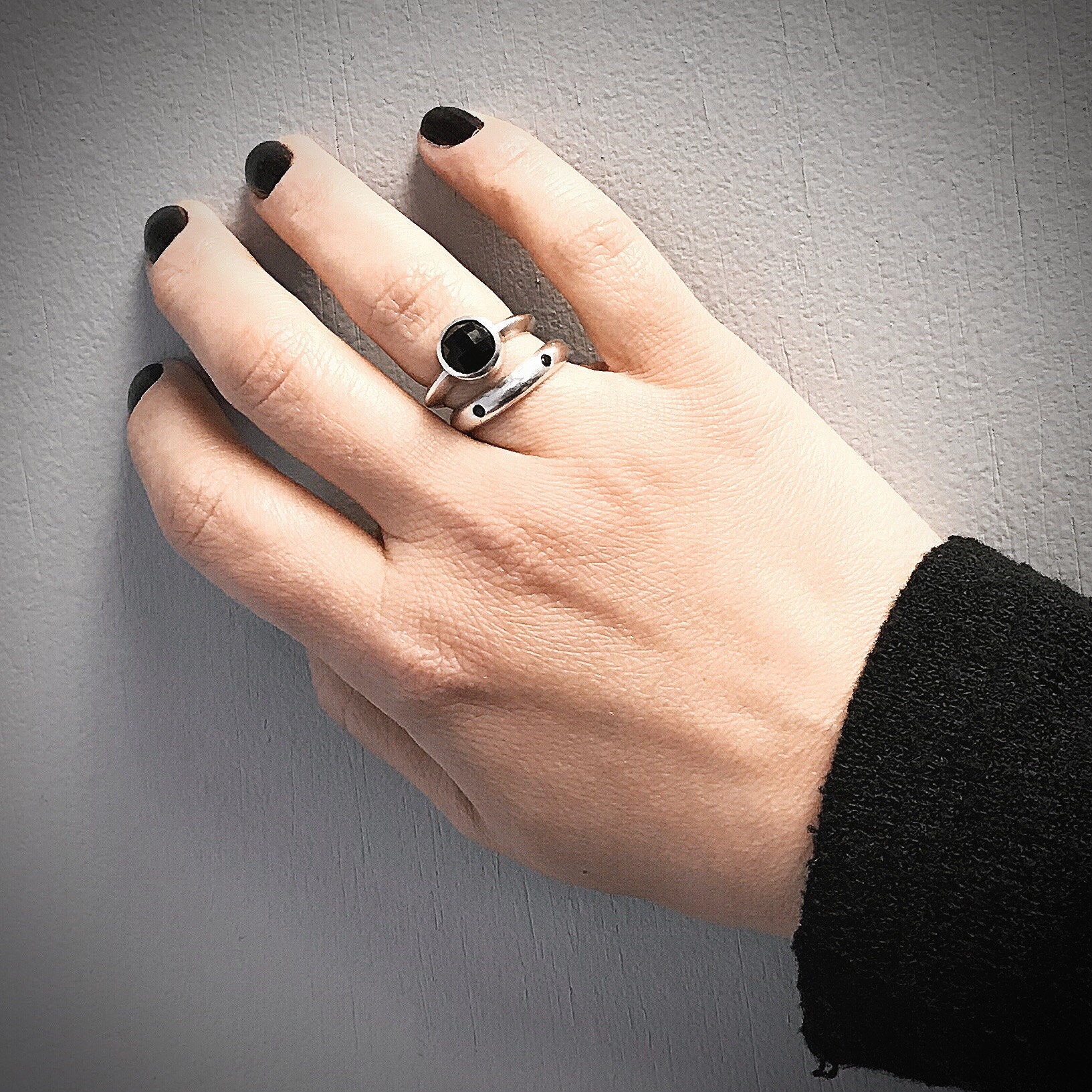 Black Spinel and Sterling Band, Rose Cur Black Onyx Ring