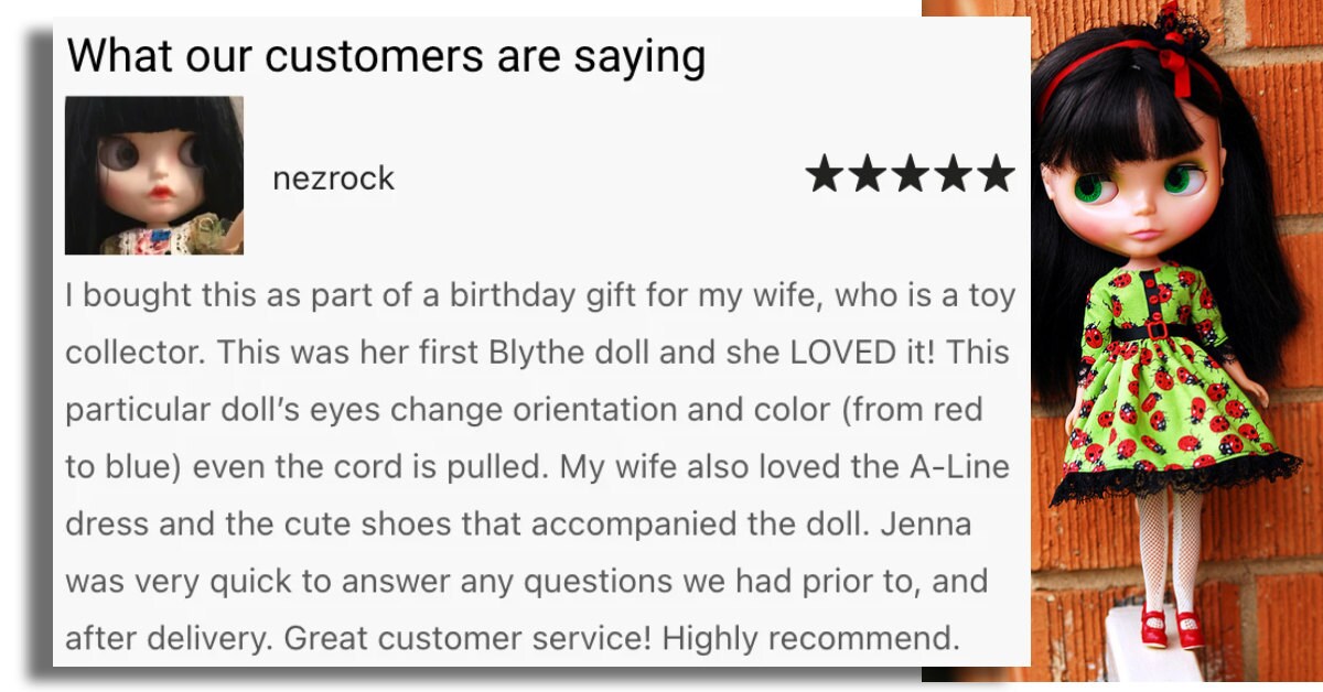 this is blythe reviews by a customer with a doll next to it