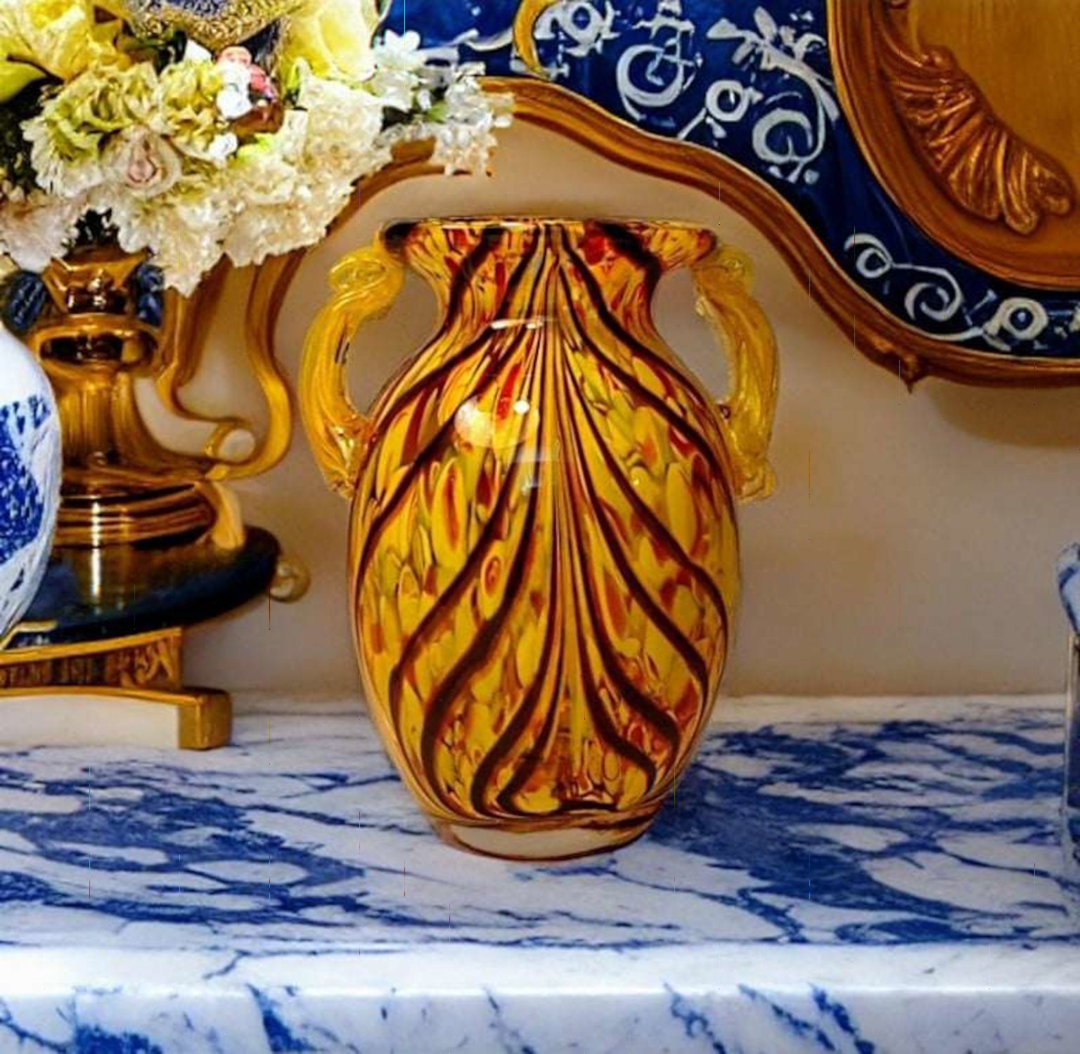 Vintage Murano Glass Vase with Tiger Eye Lines