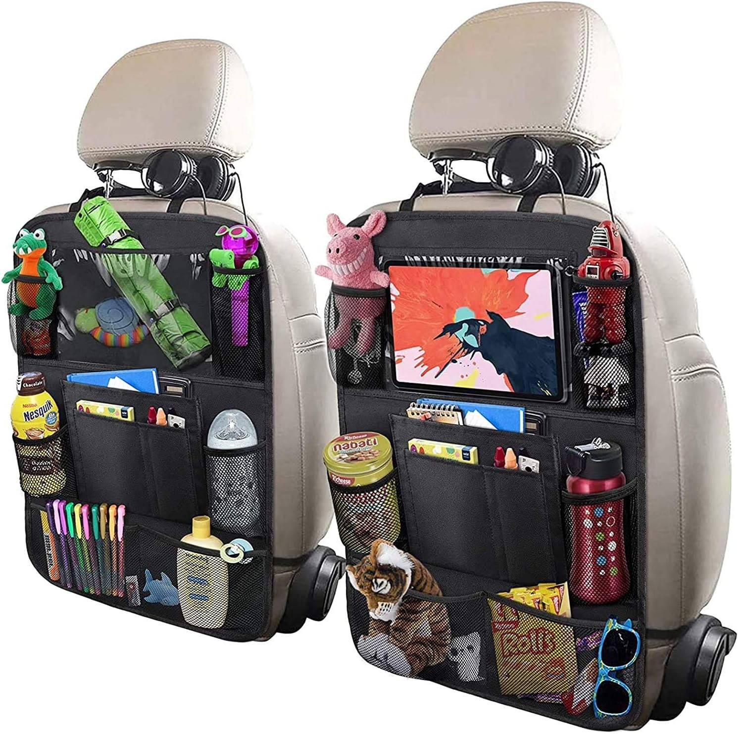 Car Backseat Organizer with 10 Table Holder, 9 Storage Pockets Seat Back Protectors Kick Mats for Kids Toddlers, Travel Accessories, 2 Pack