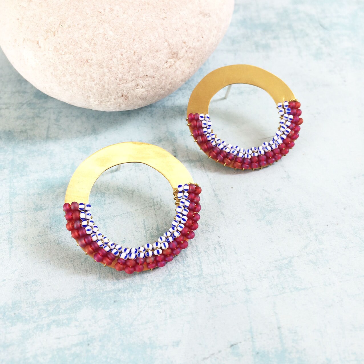 Beaded brass circle earrings