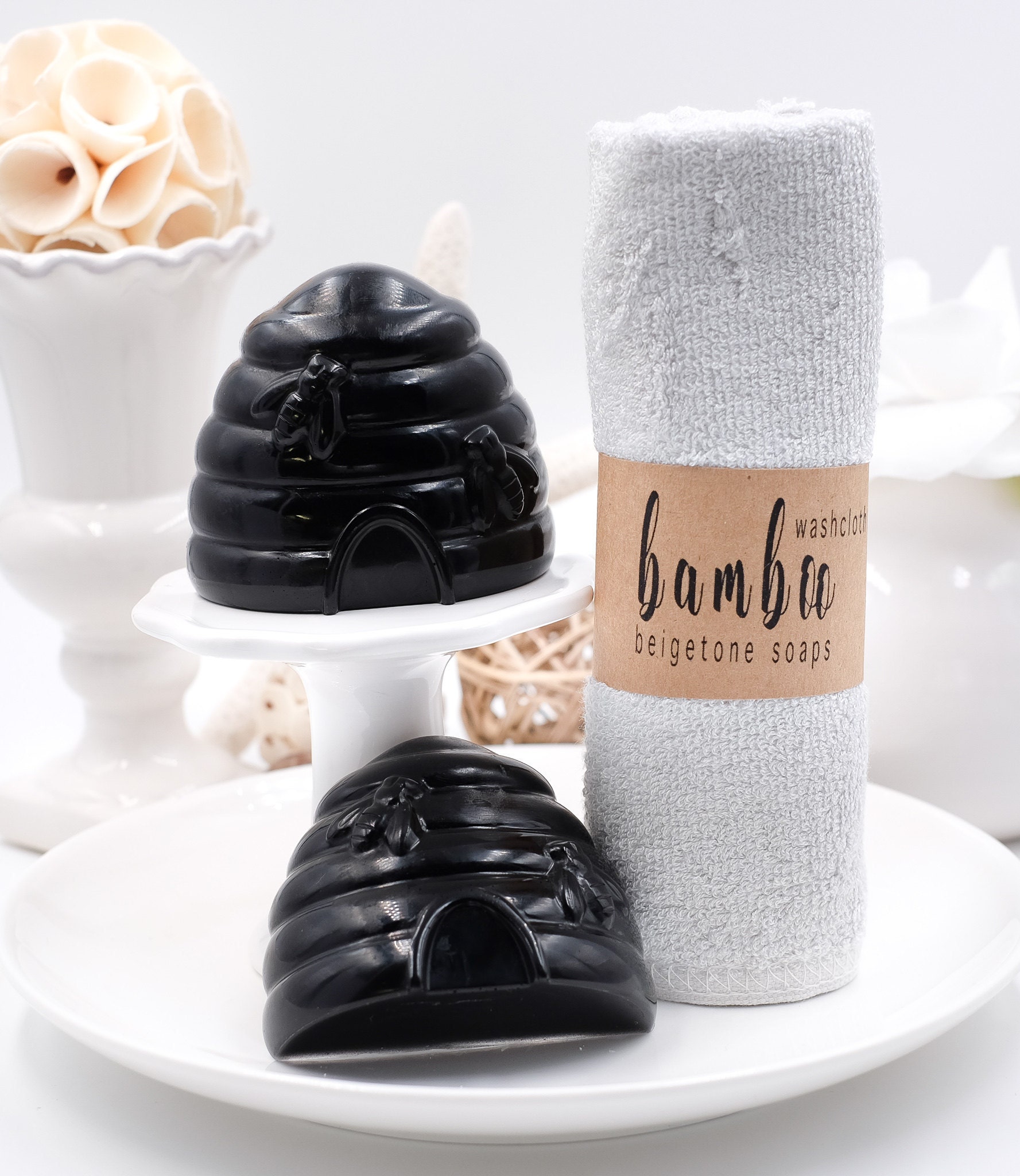 Honey Rose Charcoal Bars (2) with Heather Bamboo Washcloth, Gift Sets