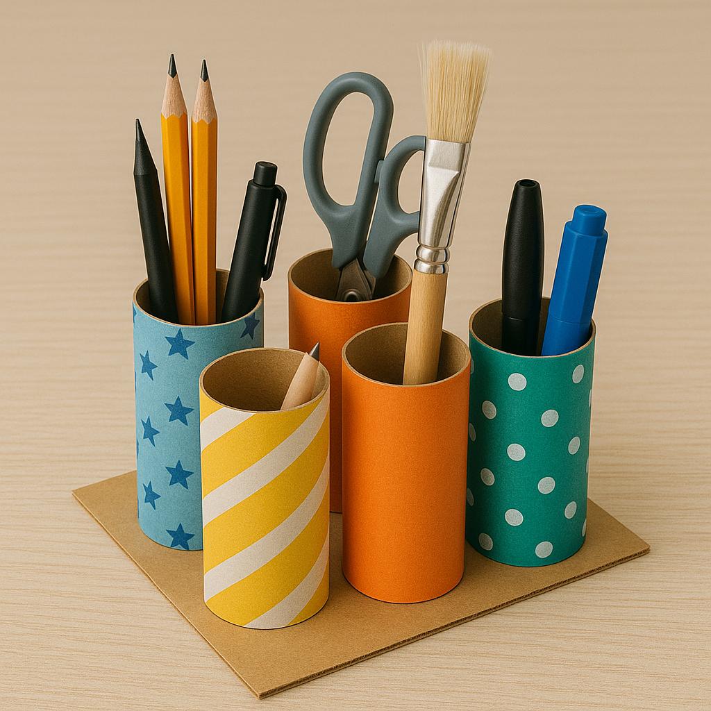 Organizador de mesa Como fazer: Encape os rolos com papel colorido ou tecido e cole-os em uma base de papelão ou madeira. Uso: Para guardar canetas, lápis, pincéis ou tesouras.