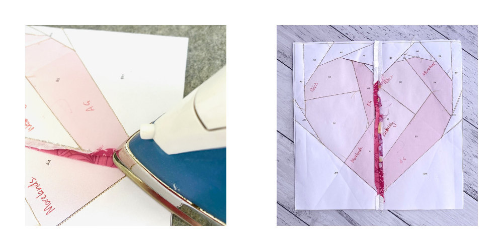 Iron pressing a seam open on a Heart shaped foundation paper pieced quilt block