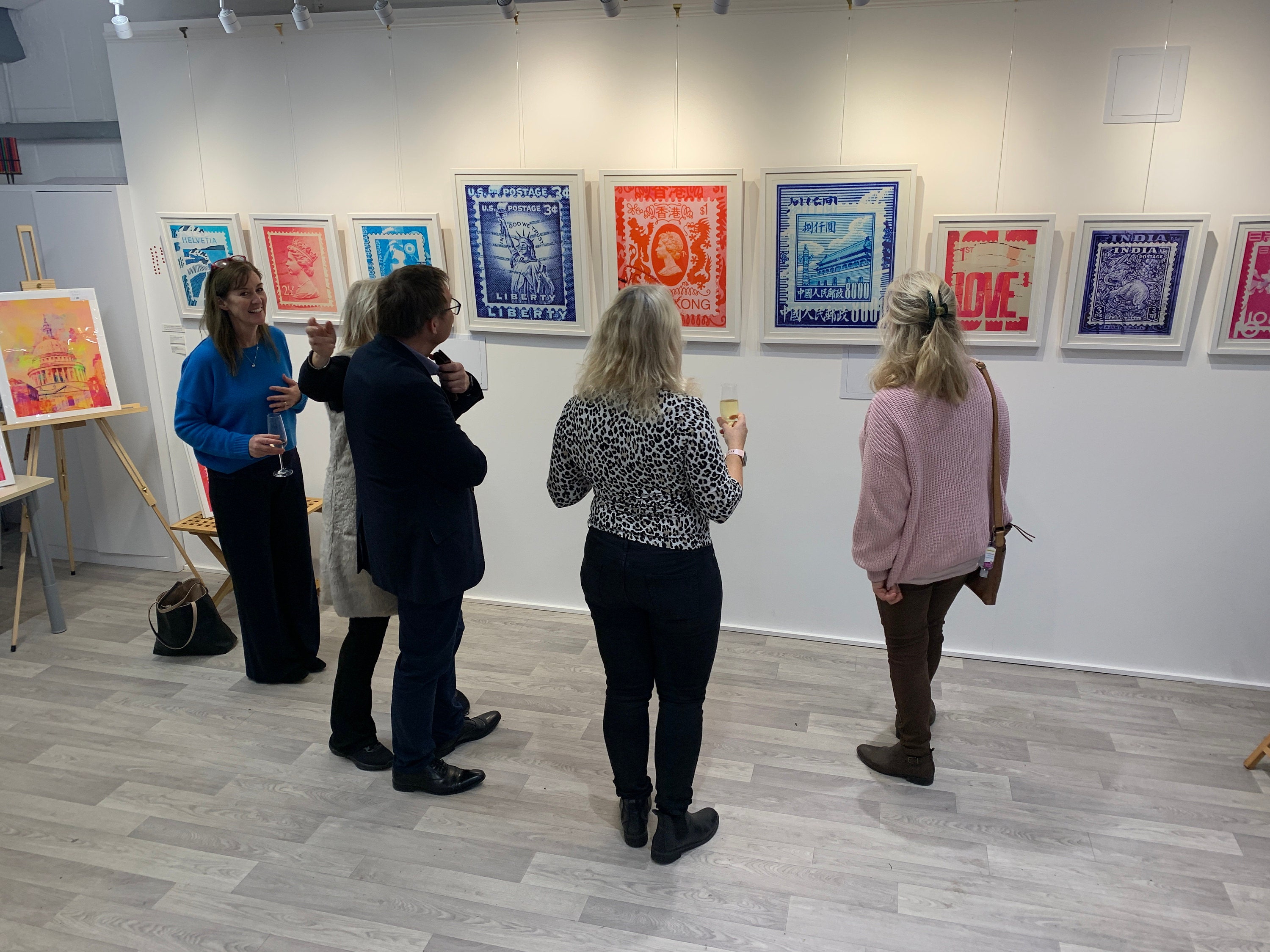 Deborah pendell fine art solo exhibition of stamp collection art at cambridge art cube