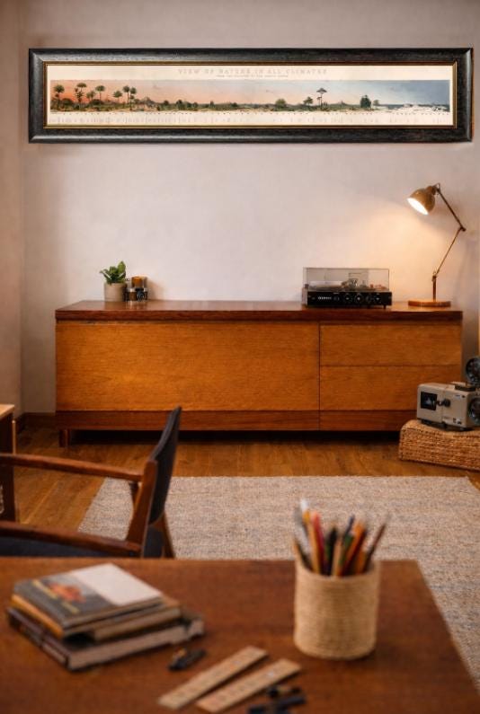 White & Newton Teak Record Cabinet sits under a View of Nature in all climates
