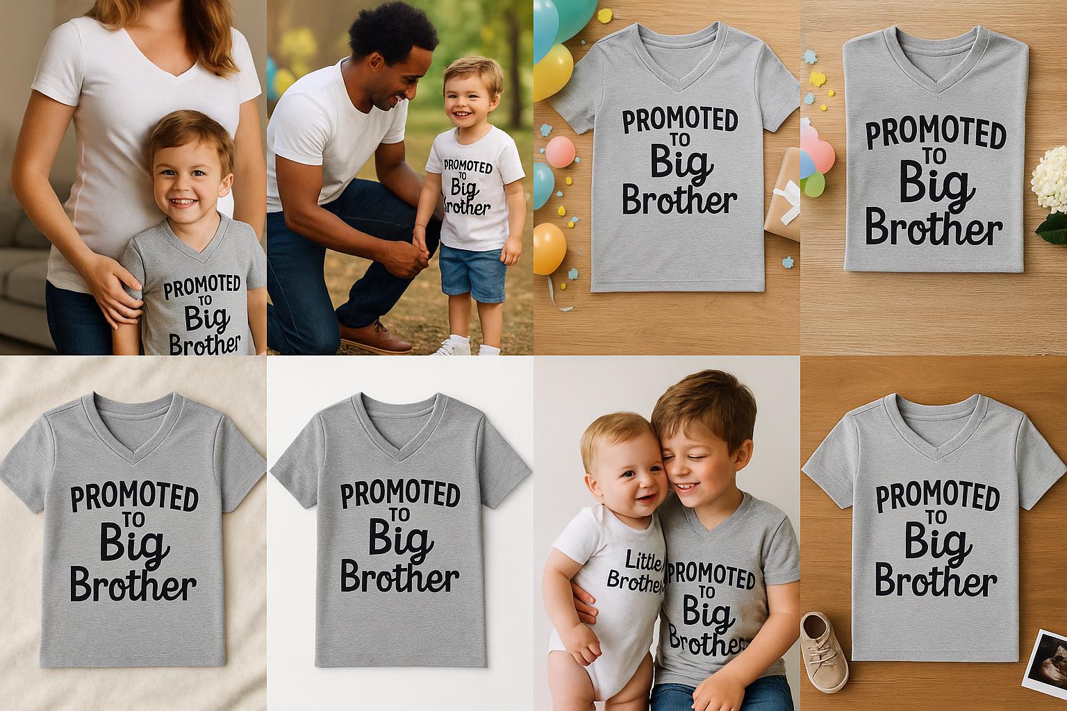 Collection of family lifestyle and product mockup images featuring children wearing grey V-neck T-shirts with the text Promoted to Big Brother, shown in different settings including with parents, siblings, gift setups, and flat lay displays.