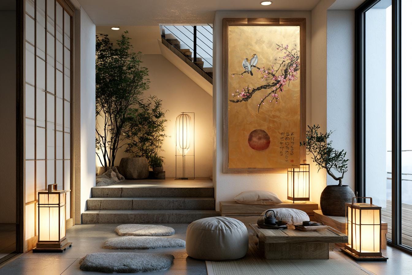 Gold painting in japandi interior