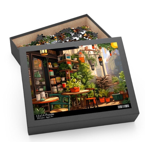 A 16x20 puzzle box displaying a cozy café surrounded by indoor plants and a warm, inviting atmosphere. The puzzle box contains 500 pieces, ideal for plant lovers and puzzle enthusiasts alike.