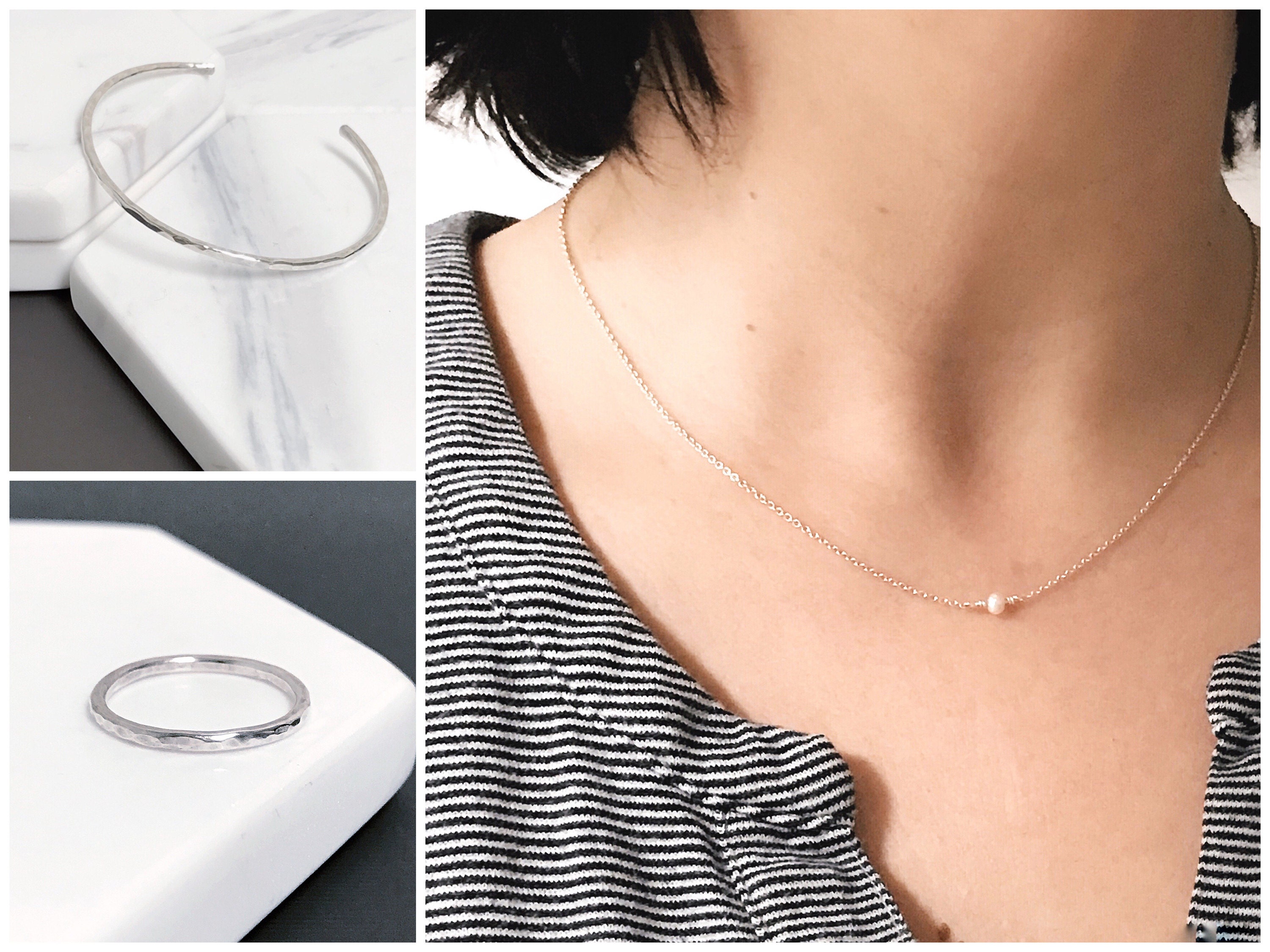 Texture ring, texture cuff, and delicate pearl necklace crescent & crow holiday gift guide