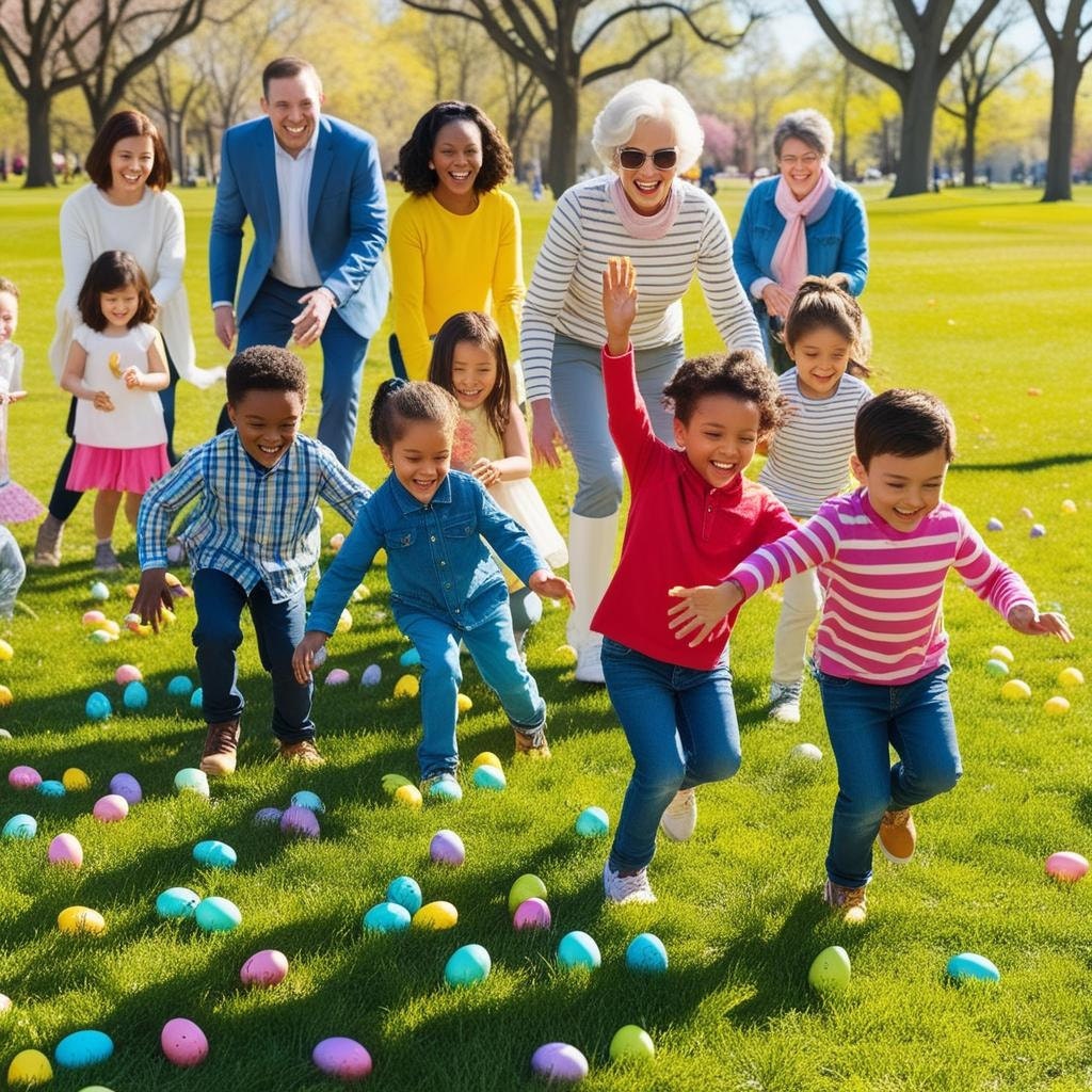 Mixed-age group of kids and parents participating in a tiered egg hunt in a park or backyard.