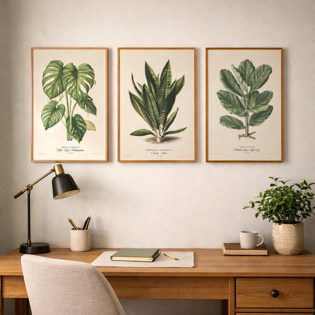 Three framed botanical leaf prints (Monstera, Snake Plant and Fiddle Leaf Fig) in light oak frames hang above a minimalist wooden desk in a modern home office. A brass desk lamp, notebook, ceramic pen holder and small potted plant sit neatly arranged on the desk against a soft neutral wall.