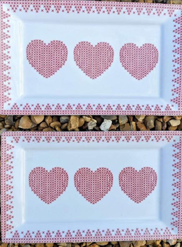 Two Kitsch Cross-Stitch Rectangle Dinner Plates: Rustic Red & White Serving Platters
