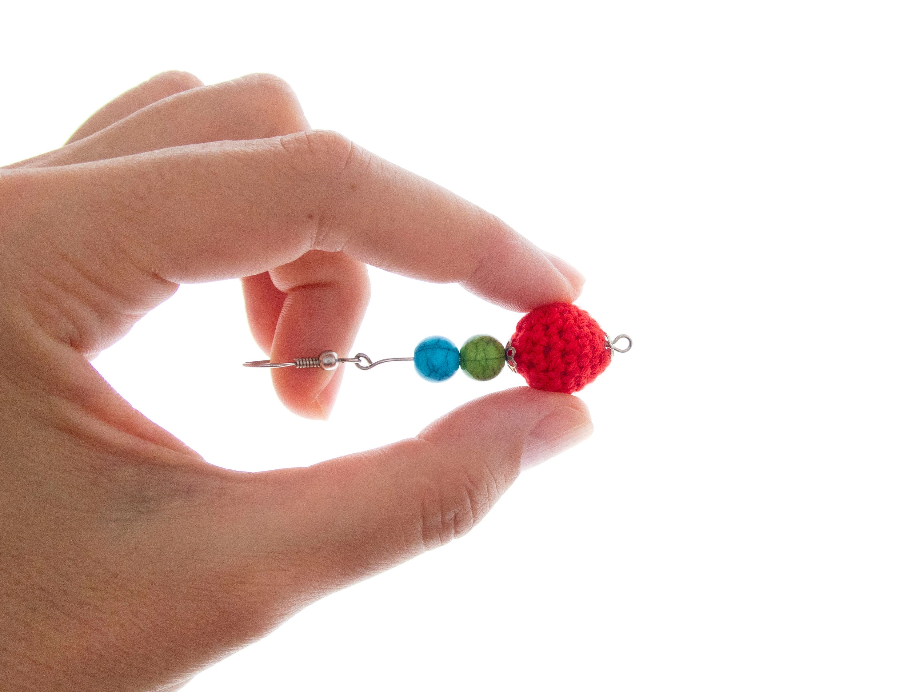 fashion statement earrings handmade of red, green, blue dangling balls