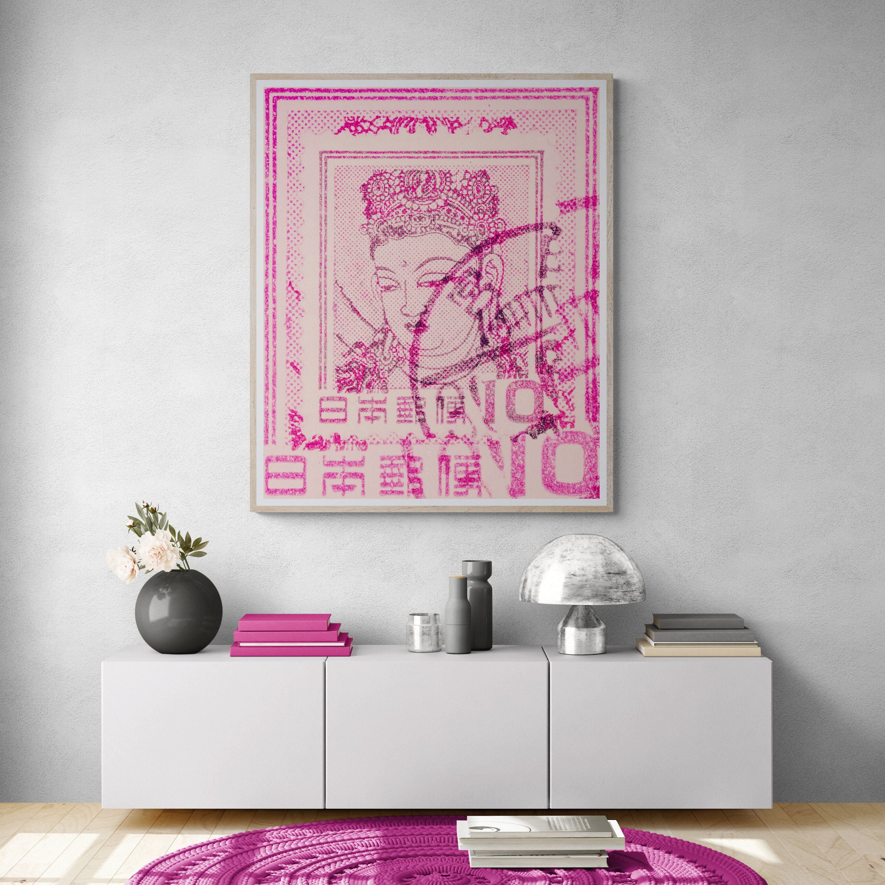 japanese fine art print of Goddess kannon created from a vintage postage stamp by deborah pendell