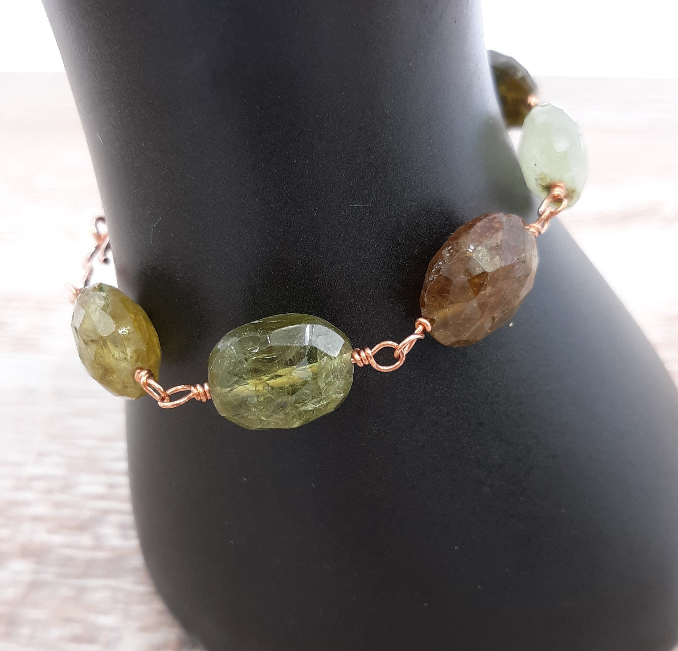 green and brown grossular garnet copper wire bracelet