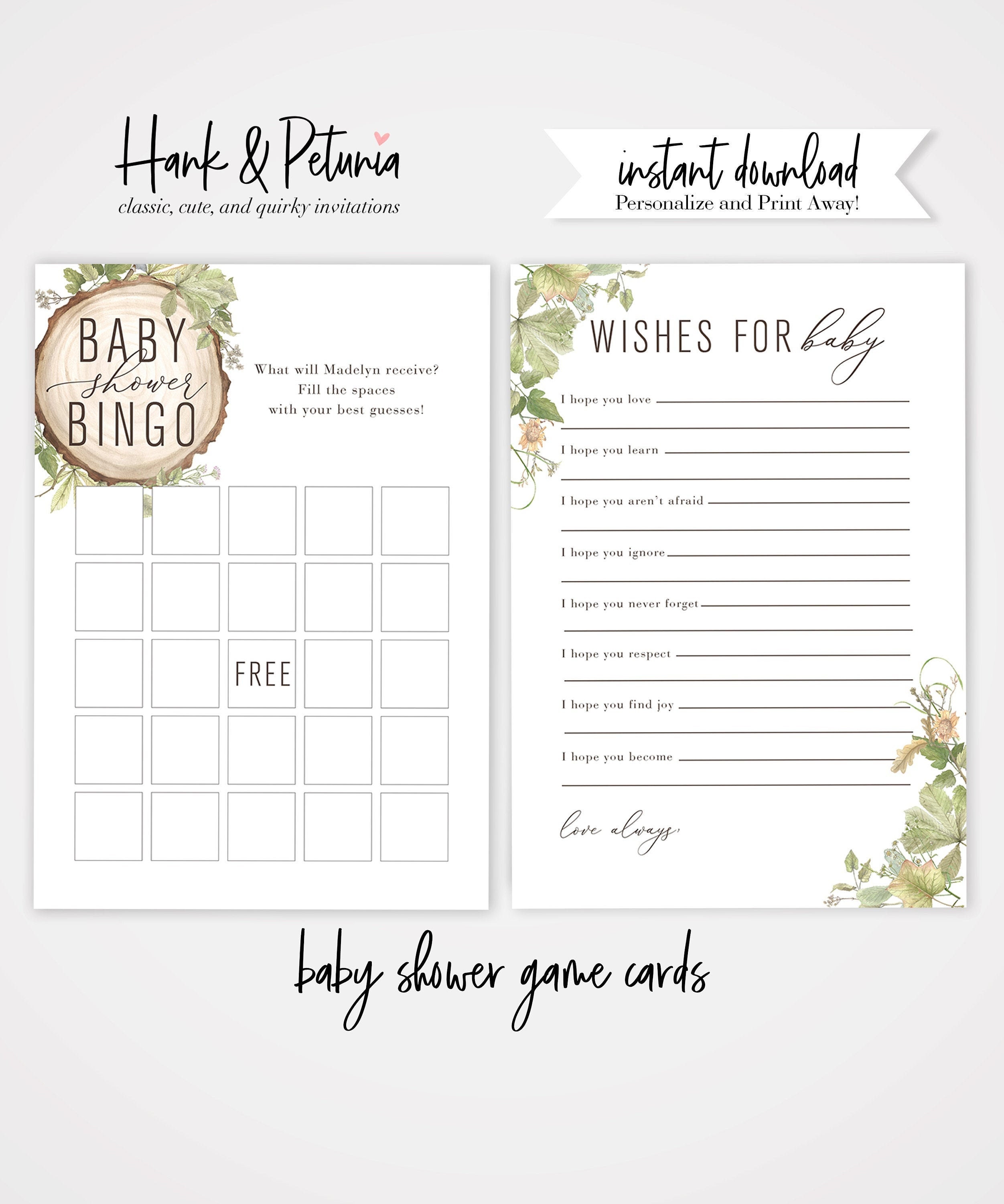 Rustic Woodland Baby Shower Game Cards and Wishes for Baby