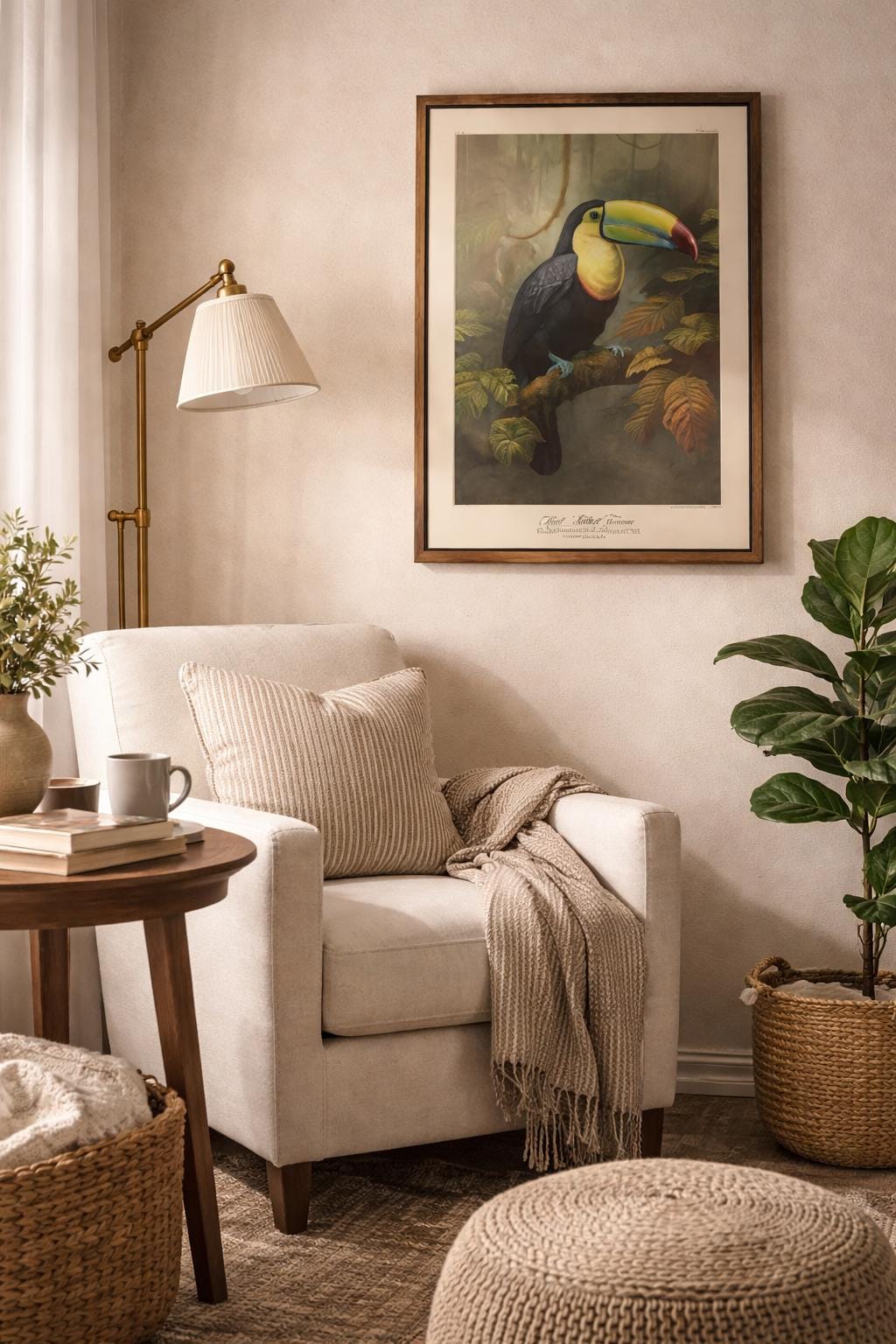 A vintage Pelican artwork in a reading nook