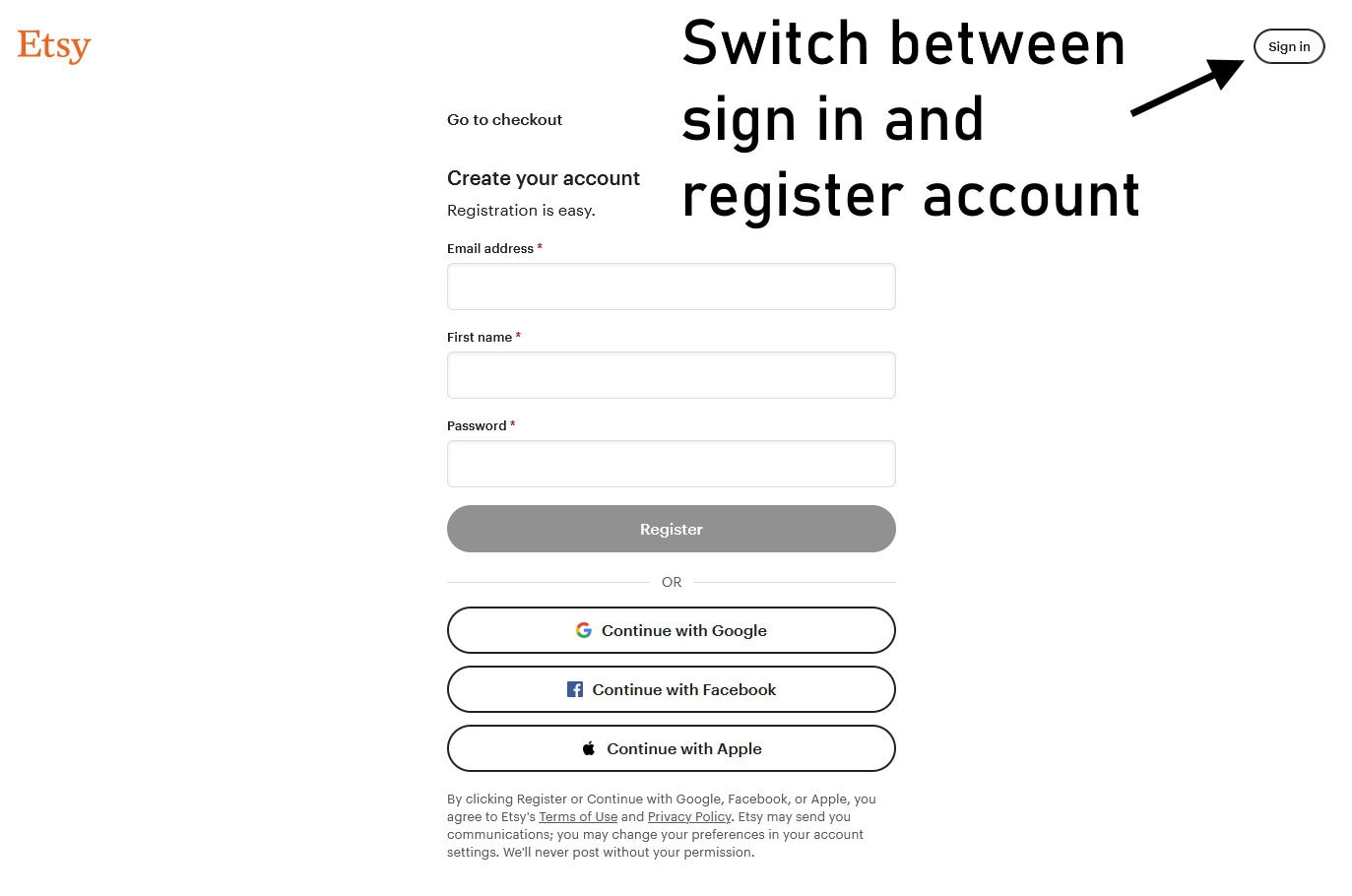 Switch between sign in and register an account by clicking the button on the upper right-hand corner.