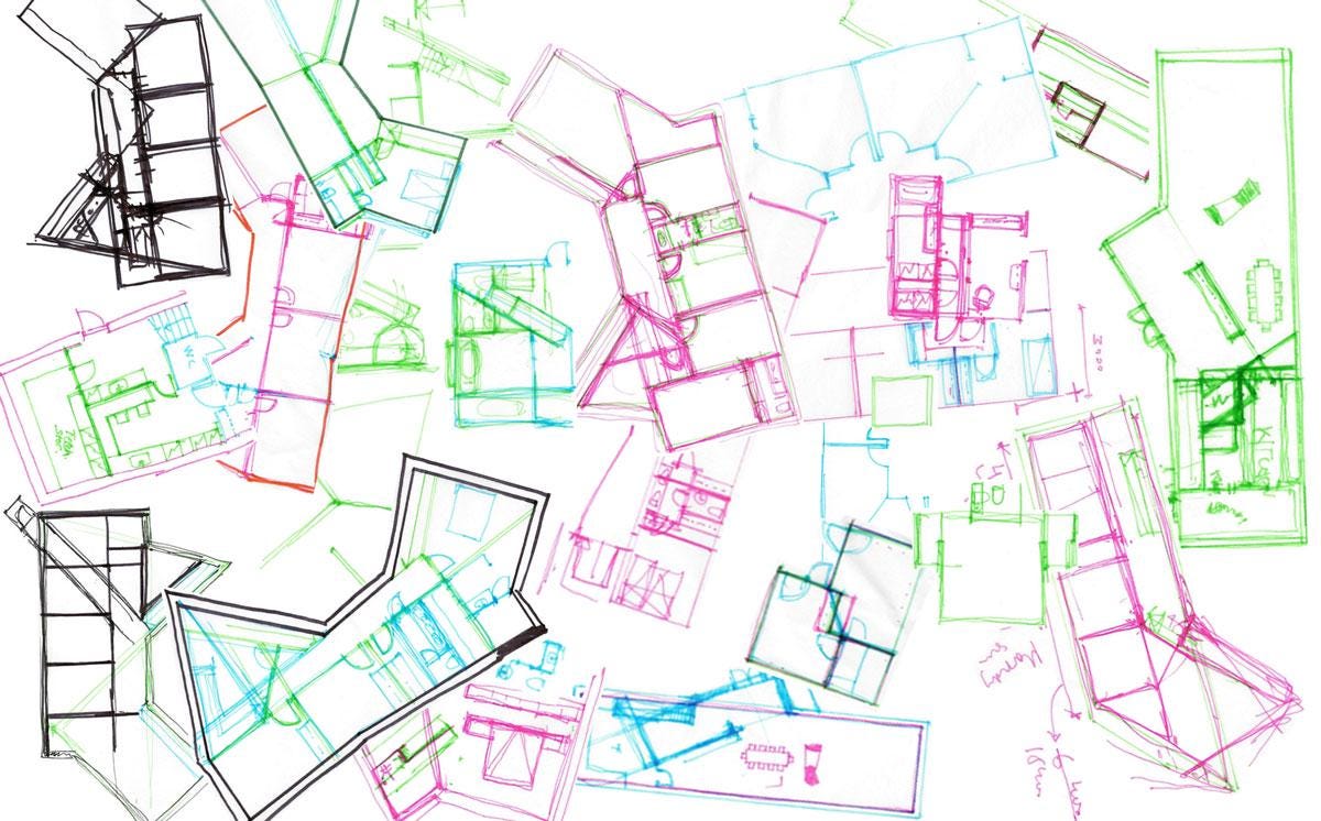 Collection of colorful hand-drawn architect sketch plans showing early design concepts for a house