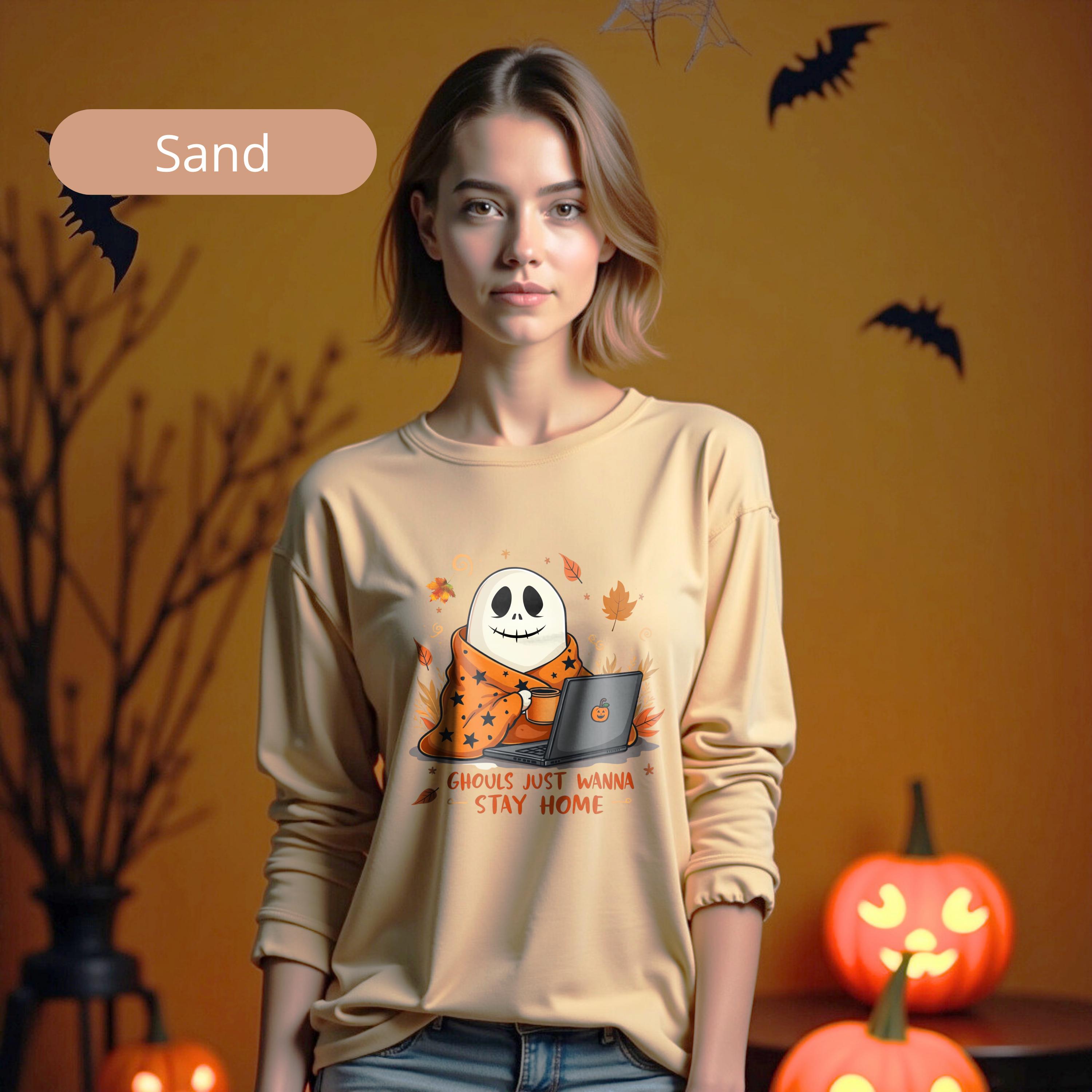 Ghouls Just Wanna Stay Home Halloween Tee, Cozy Ghost Sweatshirt, Cute Halloween Hoodie, Spooky Fall Long Sleeve
