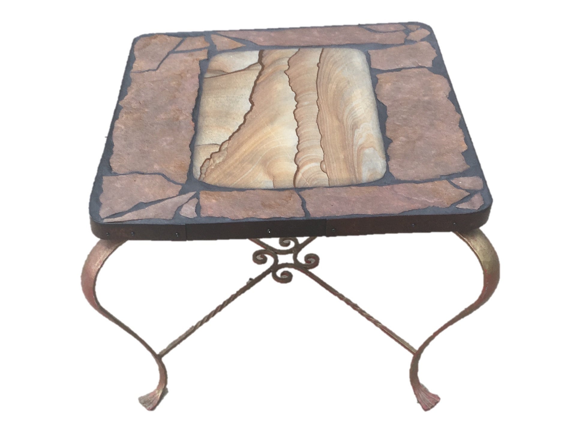 Jims Table: A natural stone toped table featuring a slab of painted sandstone from Knab, Utah