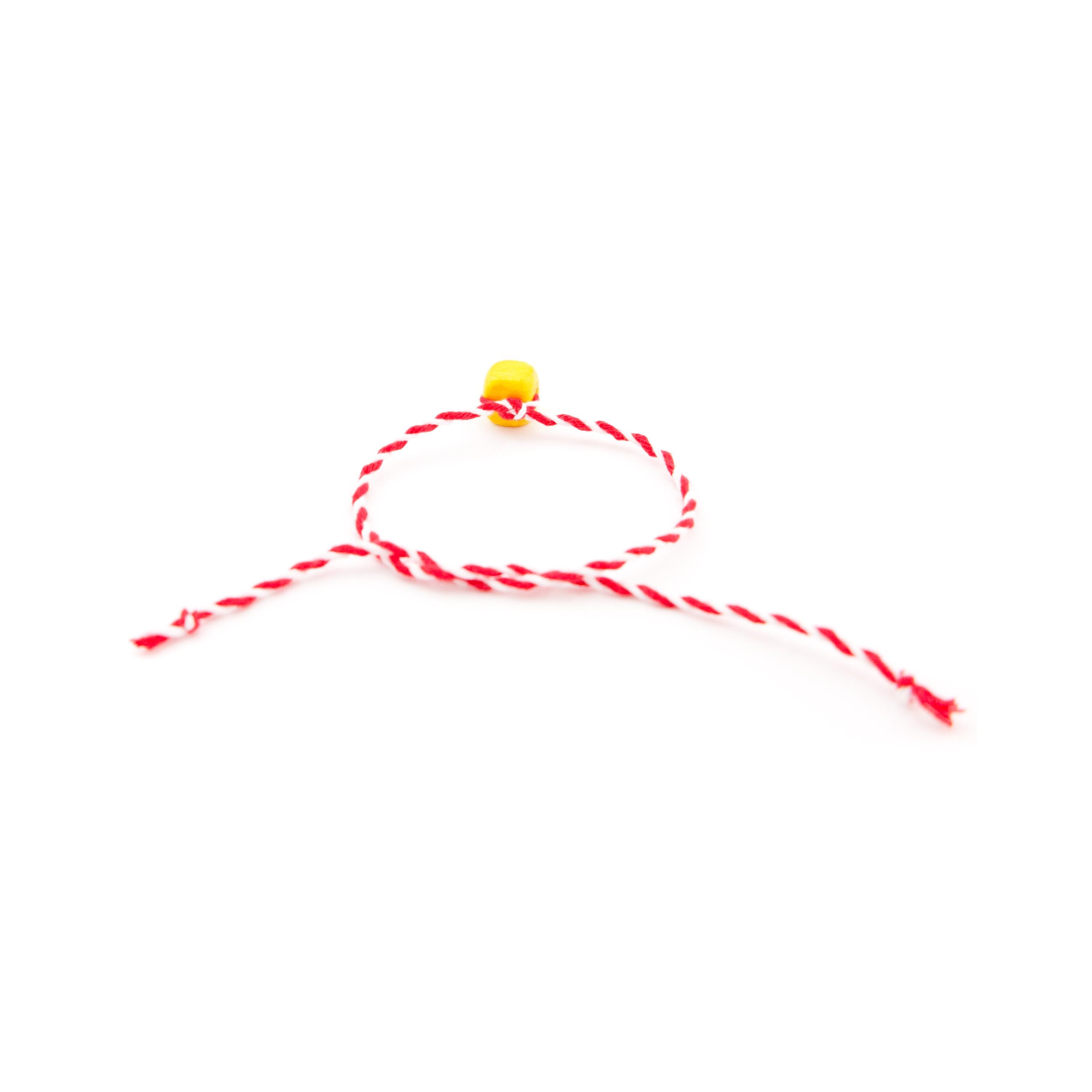 Traditional Bulgarian Martenitsa bracelet pack with red and white twisted cord and wooden bead