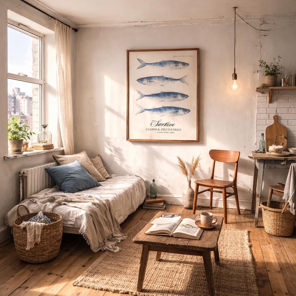 A simple coastal-themed corner of a city rental flat with worn wooden floors and slightly textured off-white walls. A mid-century wooden table and chair sit beneath framed botanical fruit prints and a large black-and-white ski poster. A bowl of fruit, a mug, stacked books and a striped tea towel rest on the table, while a potted plant, cardboard moving box and woven basket add to the lived-in, budget rental feel. Natural light streams in through a window, giving the space a warm, relaxed atmosphere.
