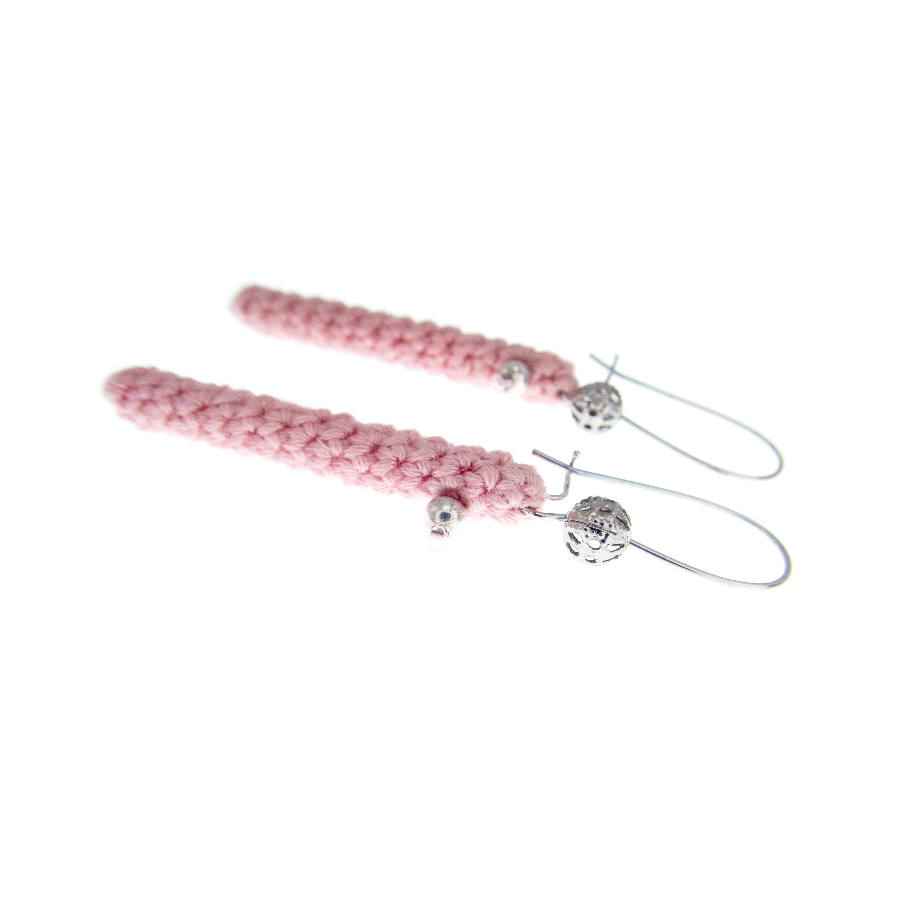 handmade pink crochet bar earrings dangle