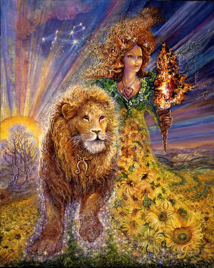 A golden lion is shown walking with a woman with a flaming mantel of curls, wearing a dress of sunflowers and vines, carrying a torch