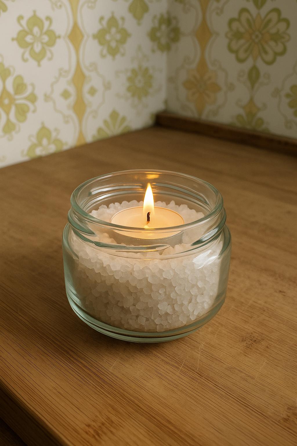 Suporte para velas: coloque uma vela pequena e decore com sal grosso, areia colorida ou pedrinhas ao redor.