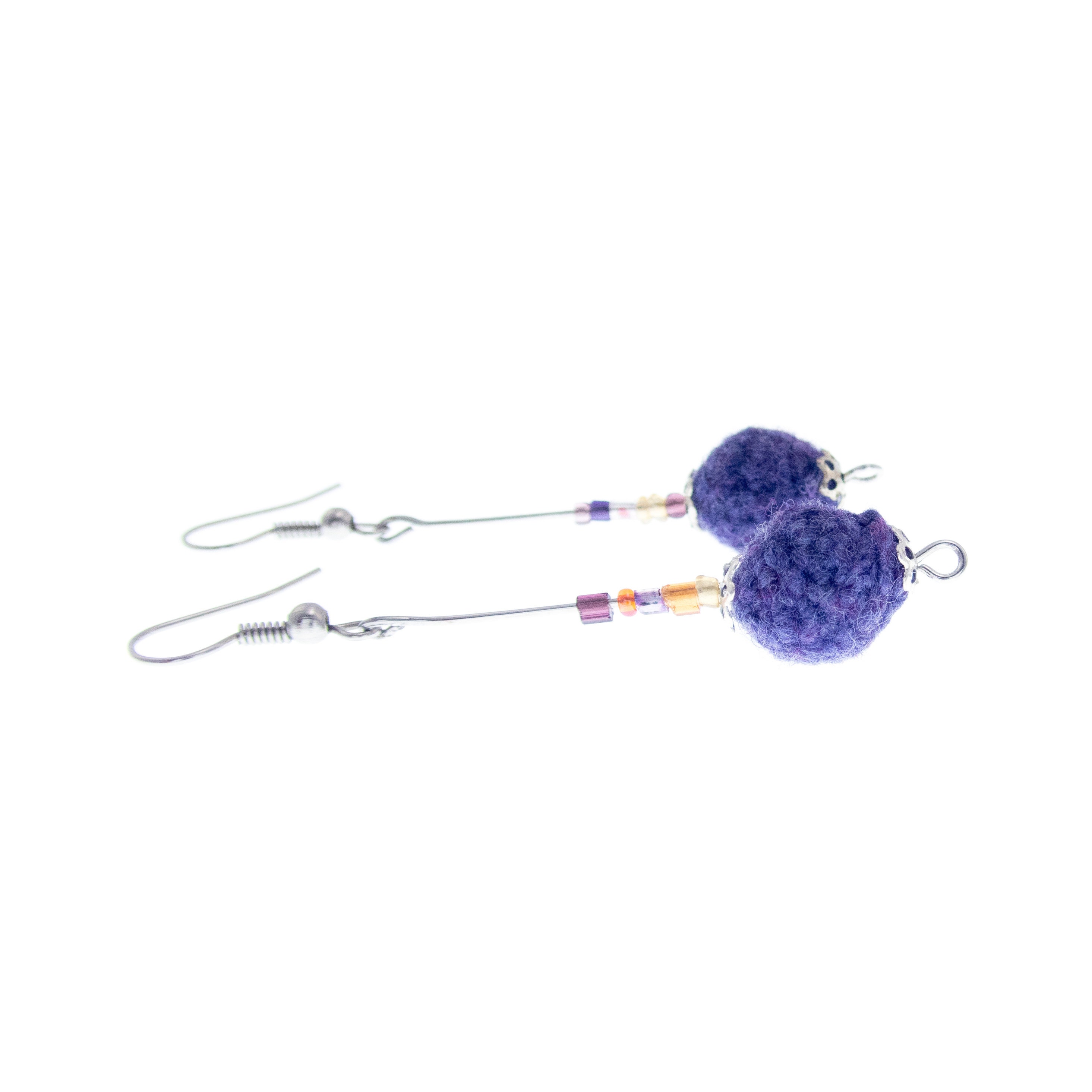 handmade statement earrings dangle with knitted purple balls