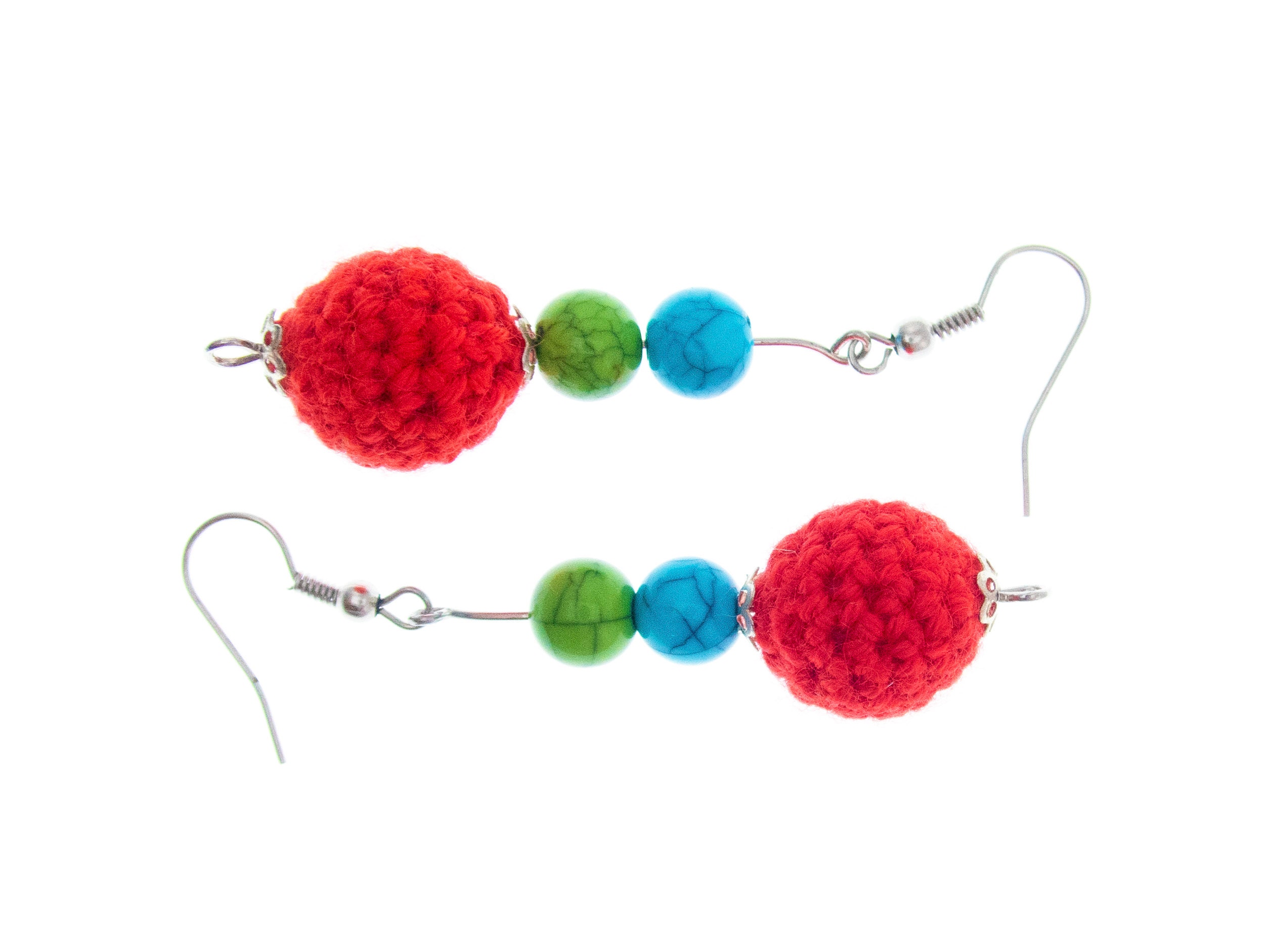 fashion statement earrings handmade of red, green, blue dangling balls