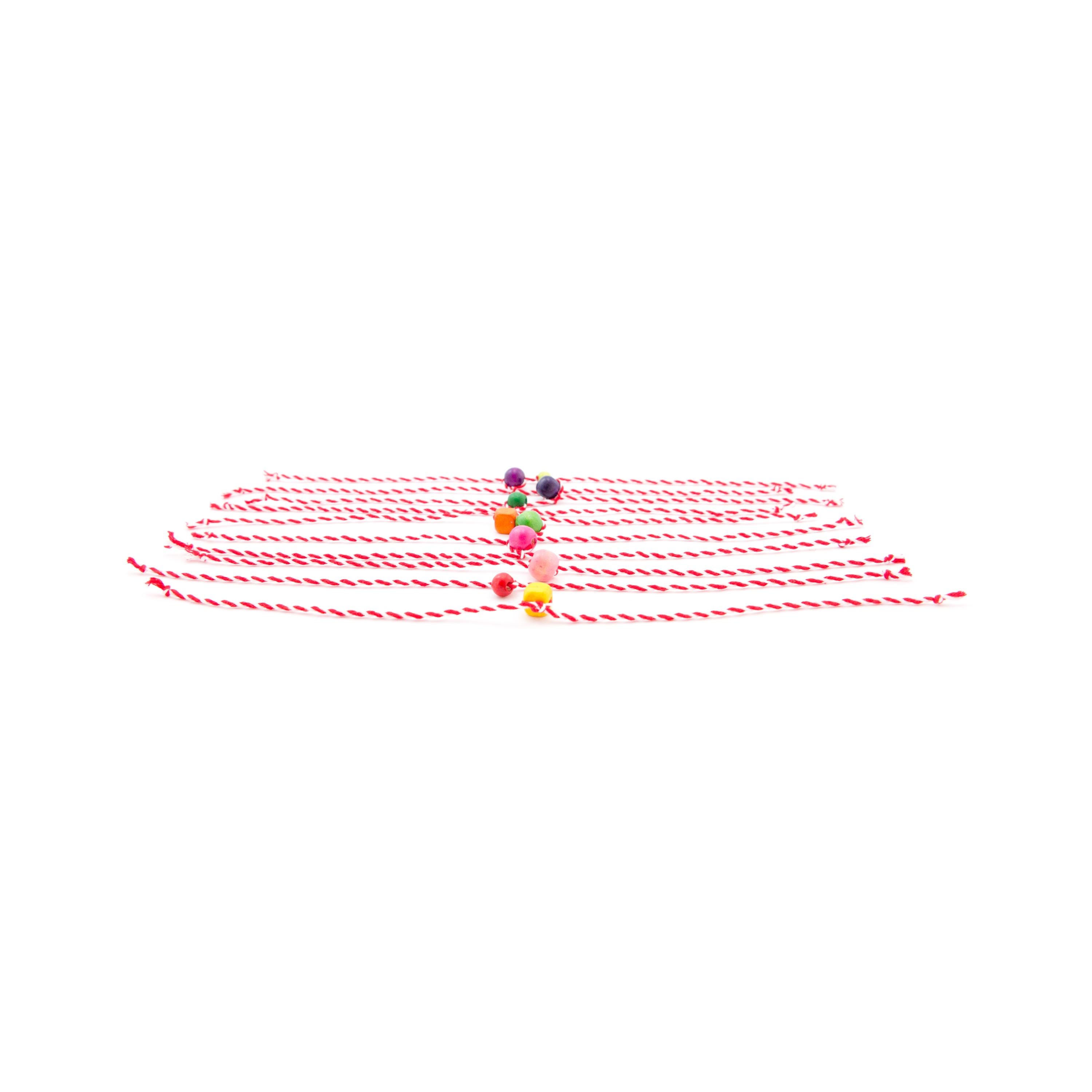 Handmade Martenichki bracelets Nadamlada with red and white braided cord and wooden bead detail