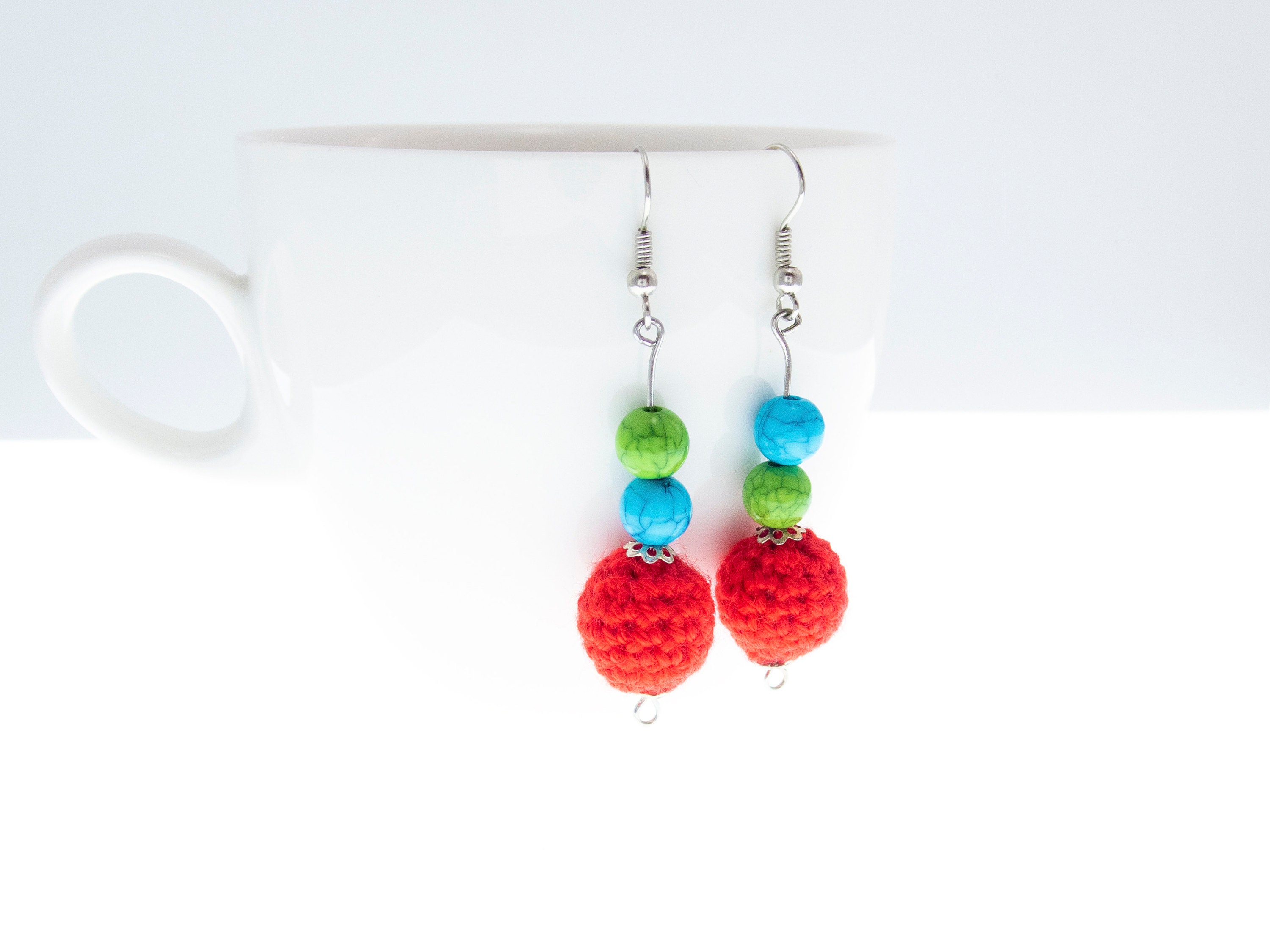 fashion statement earrings handmade of red, green, blue dangling balls