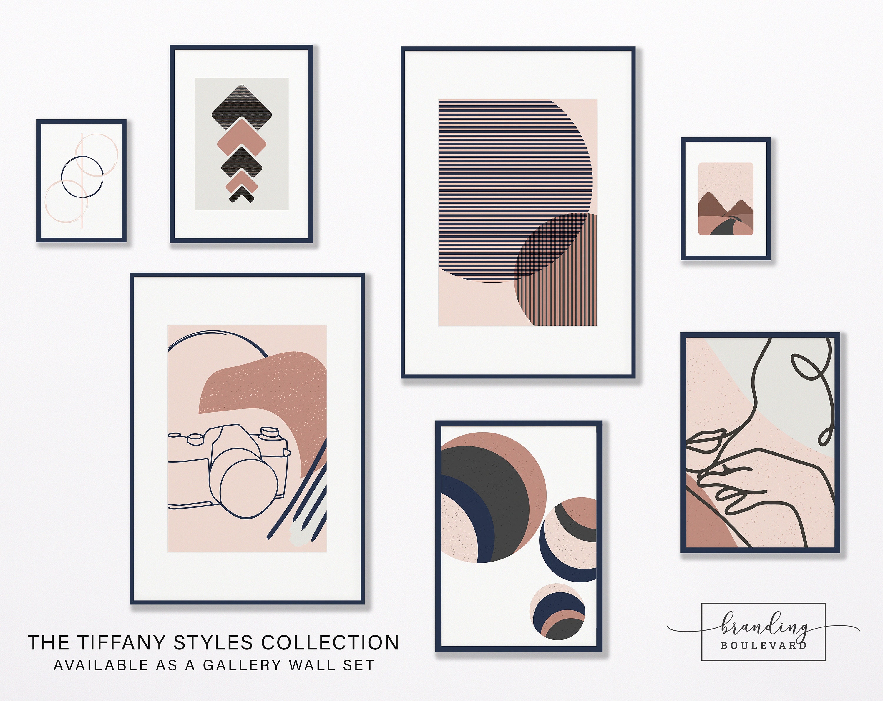 Tiffany Styles Art Print Collection - Abstract One Line Minimalist Artwork - Camera Female Figure Shapes and Landscape - In Navy Blue, Light Gray, Blush Pink, Dark Gray, and Rose Gold Color Palette