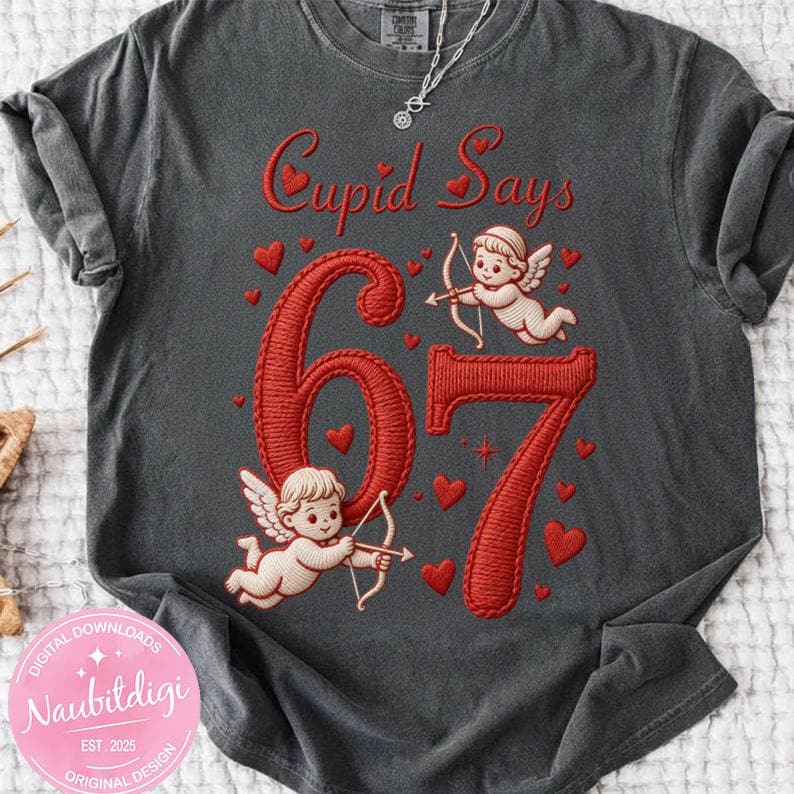 Cupid Says 67 PNG, Funny Valentine Six Seven Design, Vintage Embroidered Cupid Hearts PNG, Girly Preppy Valentine Shirt Graphic