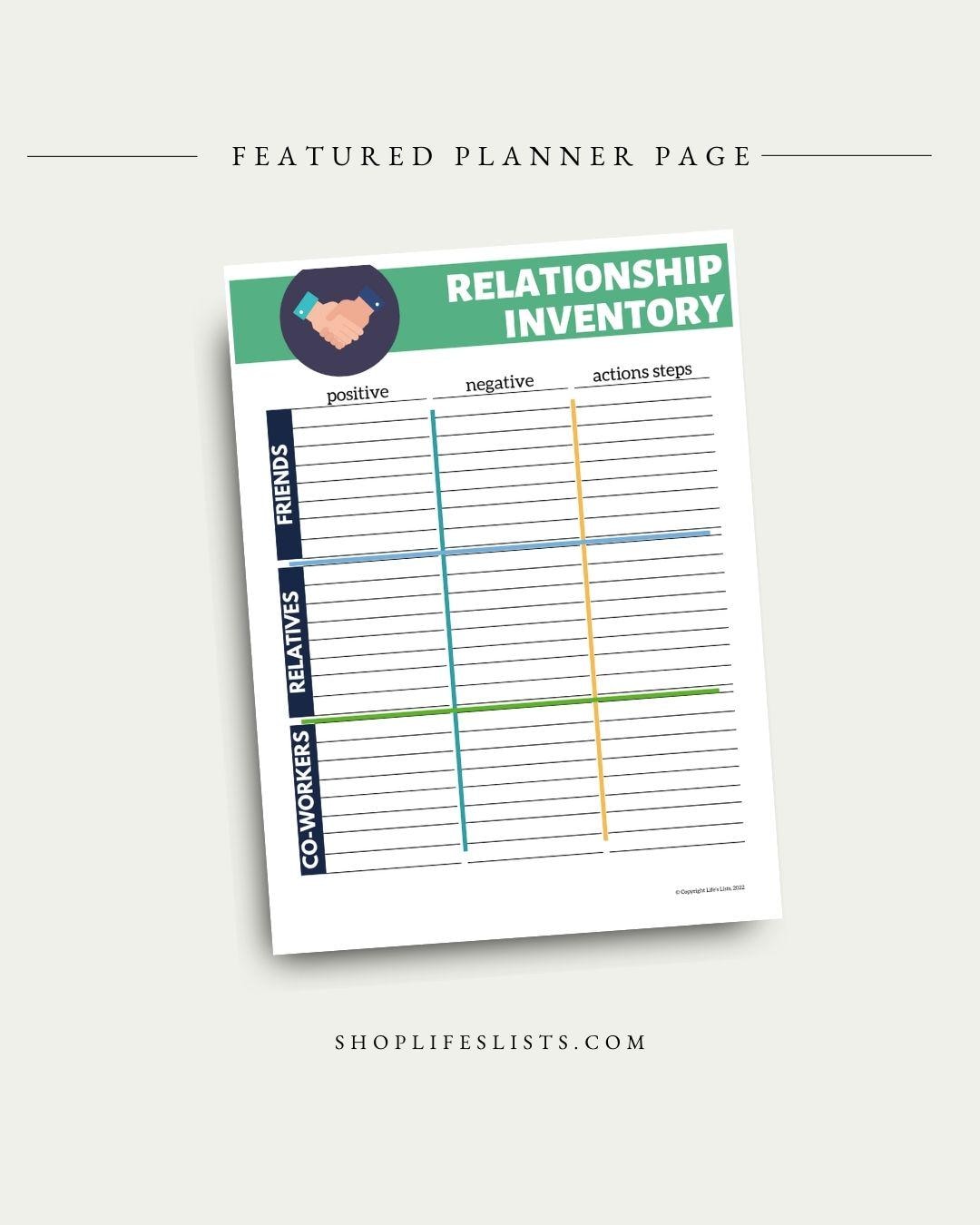 Relationship inventory planner page from Lifes Lists